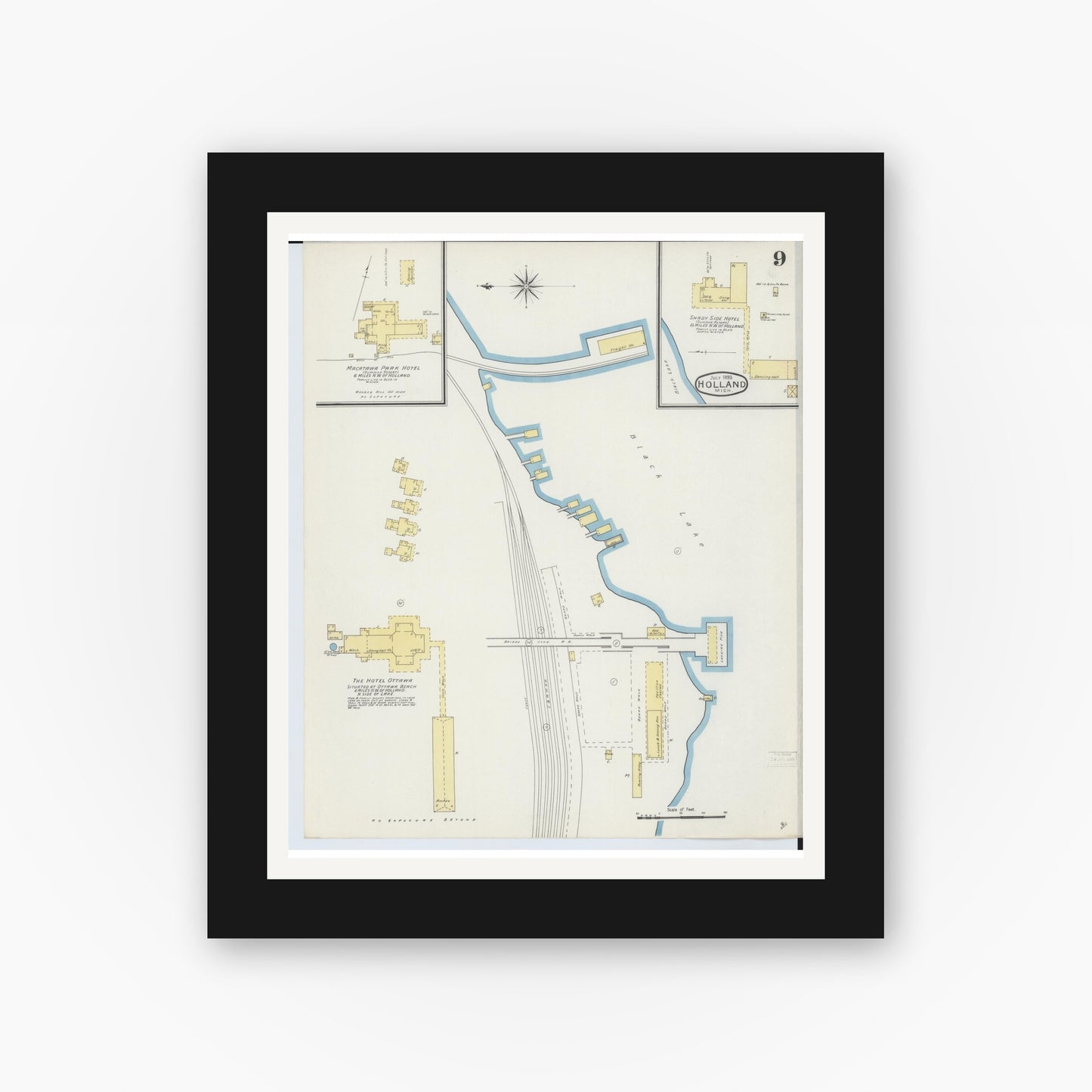 Old map wall art mockup — black gallery frame with white mat — Sanborn Fire Insurance Map from Holland, Ottawa County, Michigan (1893), Sheet #0009