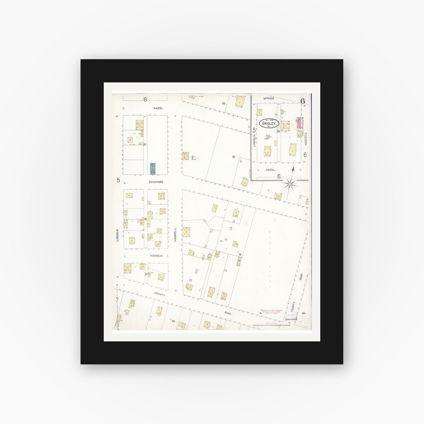 Old map wall art mockup — black gallery frame with white mat — Sanborn Fire Insurance Map from Gridley, Butte County, California (1902), Sheet #0006