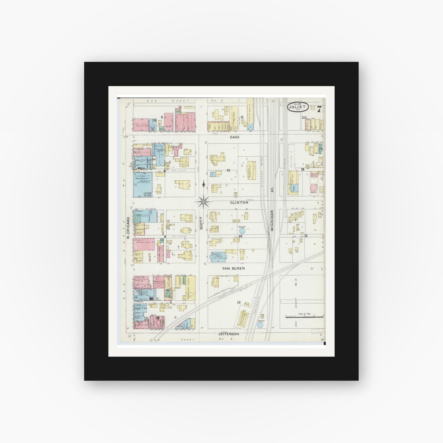 Old map wall art mockup — black gallery frame with white mat — Sanborn Fire Insurance Map from Joliet, Will County, Illinois (1891), Sheet #0007