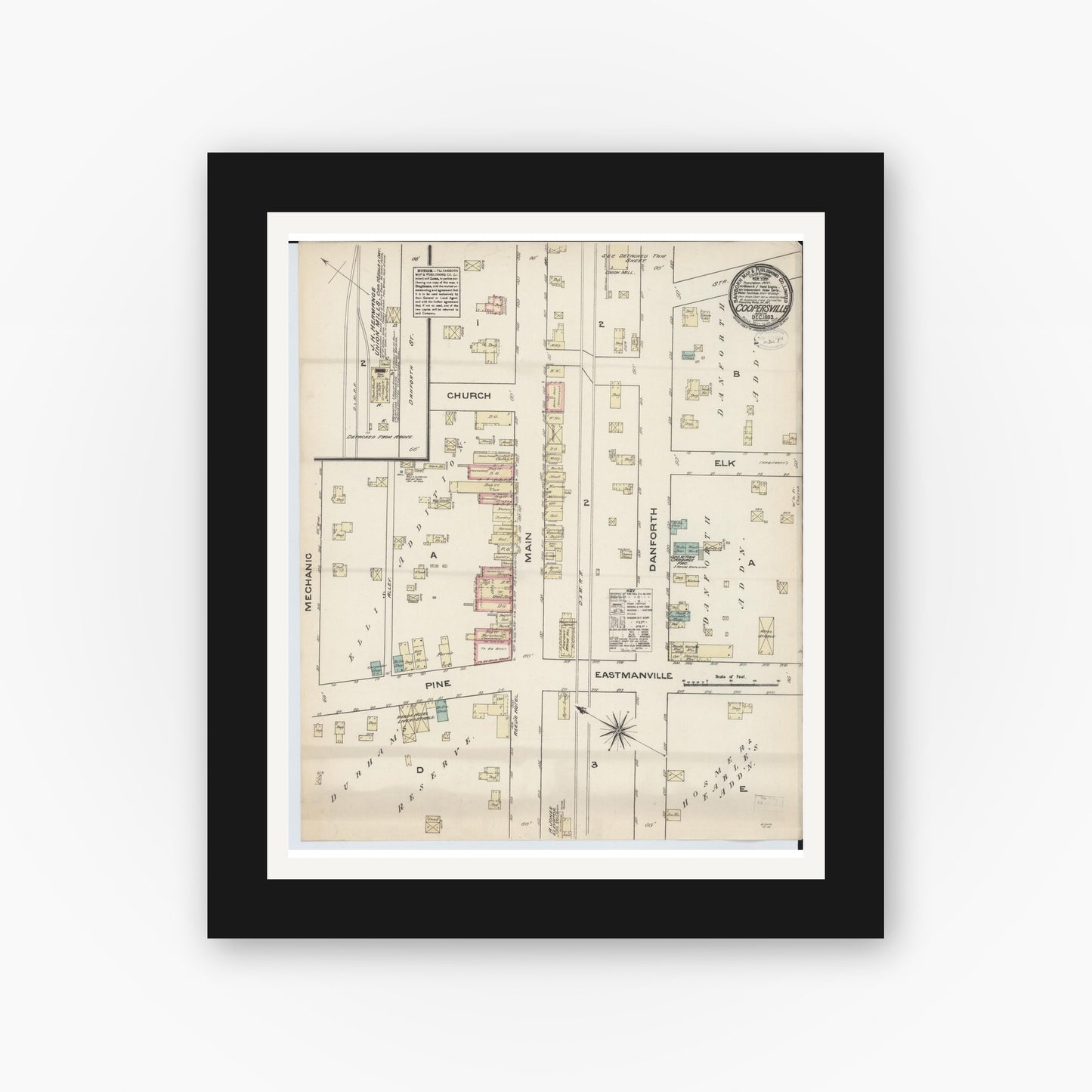 Old map wall art mockup — black gallery frame with white mat — Sanborn Fire Insurance Map from Coopersville, Ottawa County, Michigan (1883), Sheet #0001