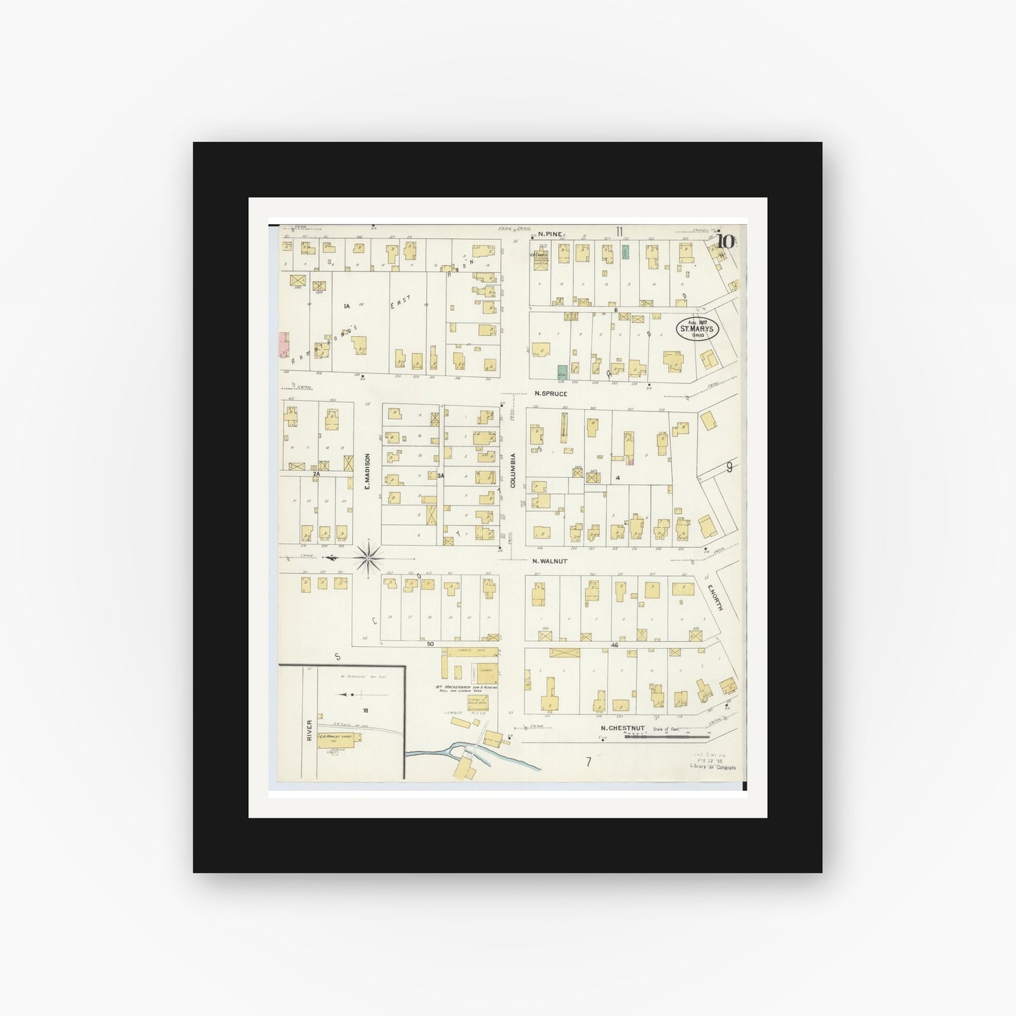 Old map wall art mockup — black gallery frame with white mat — Sanborn Fire Insurance Map from Saint Marys, Auglaize County, Ohio (1907), Sheet #0010
