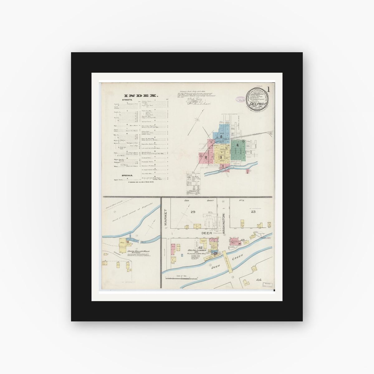 Old map wall art mockup — black gallery frame with white mat — Sanborn Fire Insurance Map from Delphi, Carroll County, Indiana (1886) - Complete Map Set