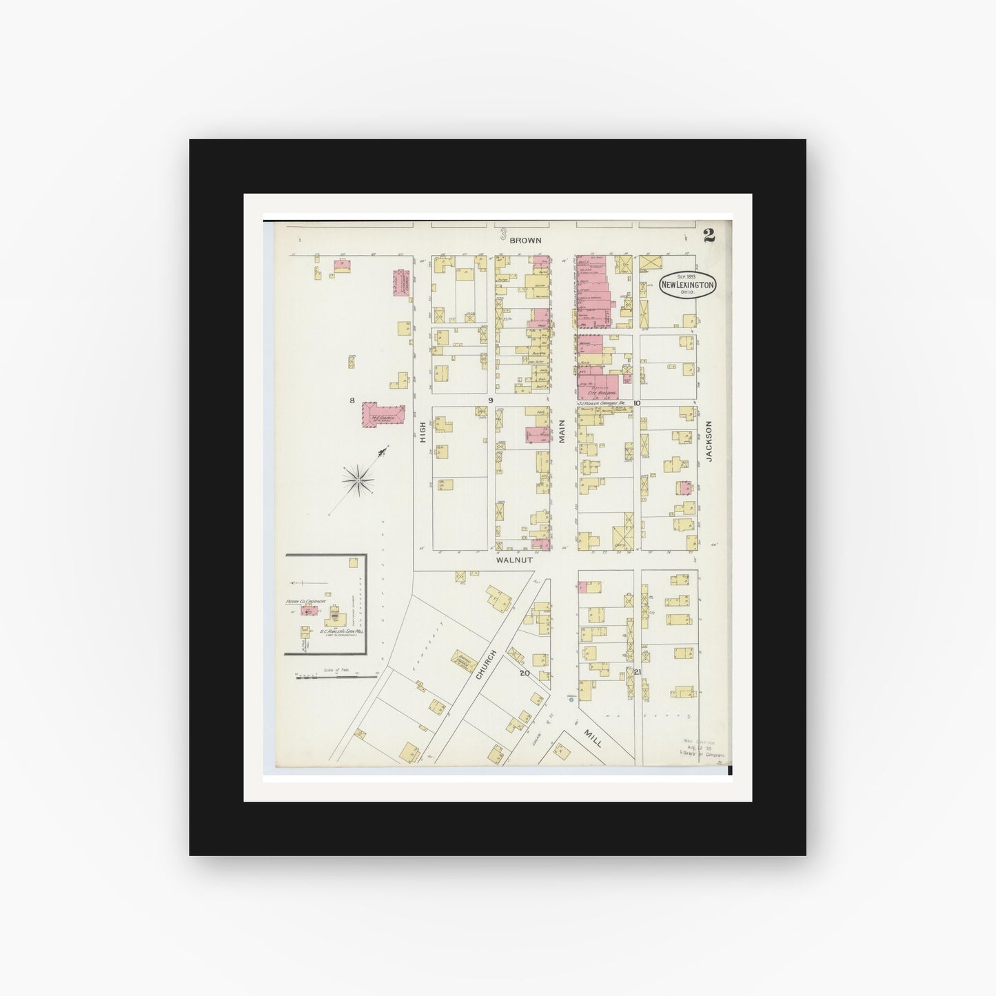Old map wall art mockup — black gallery frame with white mat — Sanborn Fire Insurance Map from New Lexington, Perry County, Ohio (1893), Sheet #0002