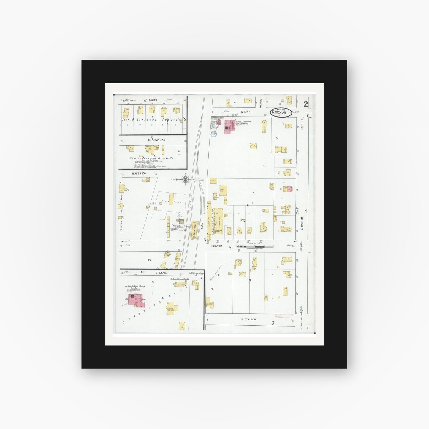 Old map wall art mockup — black gallery frame with white mat — Sanborn Fire Insurance Map from Knoxville, Knox County, Illinois (1918), Sheet #0002