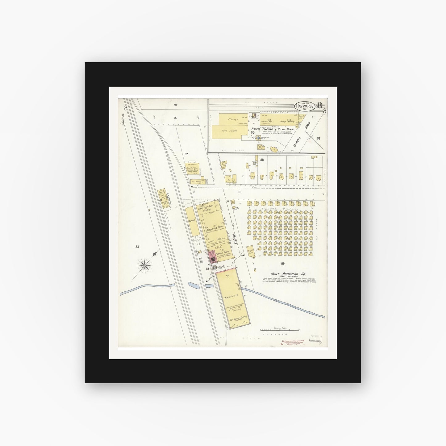 Old map wall art mockup — black gallery frame with white mat — Sanborn Fire Insurance Map from Hayward, Alameda County, California (1903), Sheet #0008