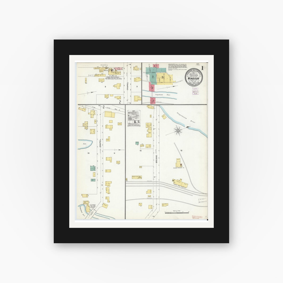 Old map wall art mockup — black gallery frame with white mat — Sanborn Fire Insurance Map from Windsor, Broome County, New York (1905), Sheet #0001