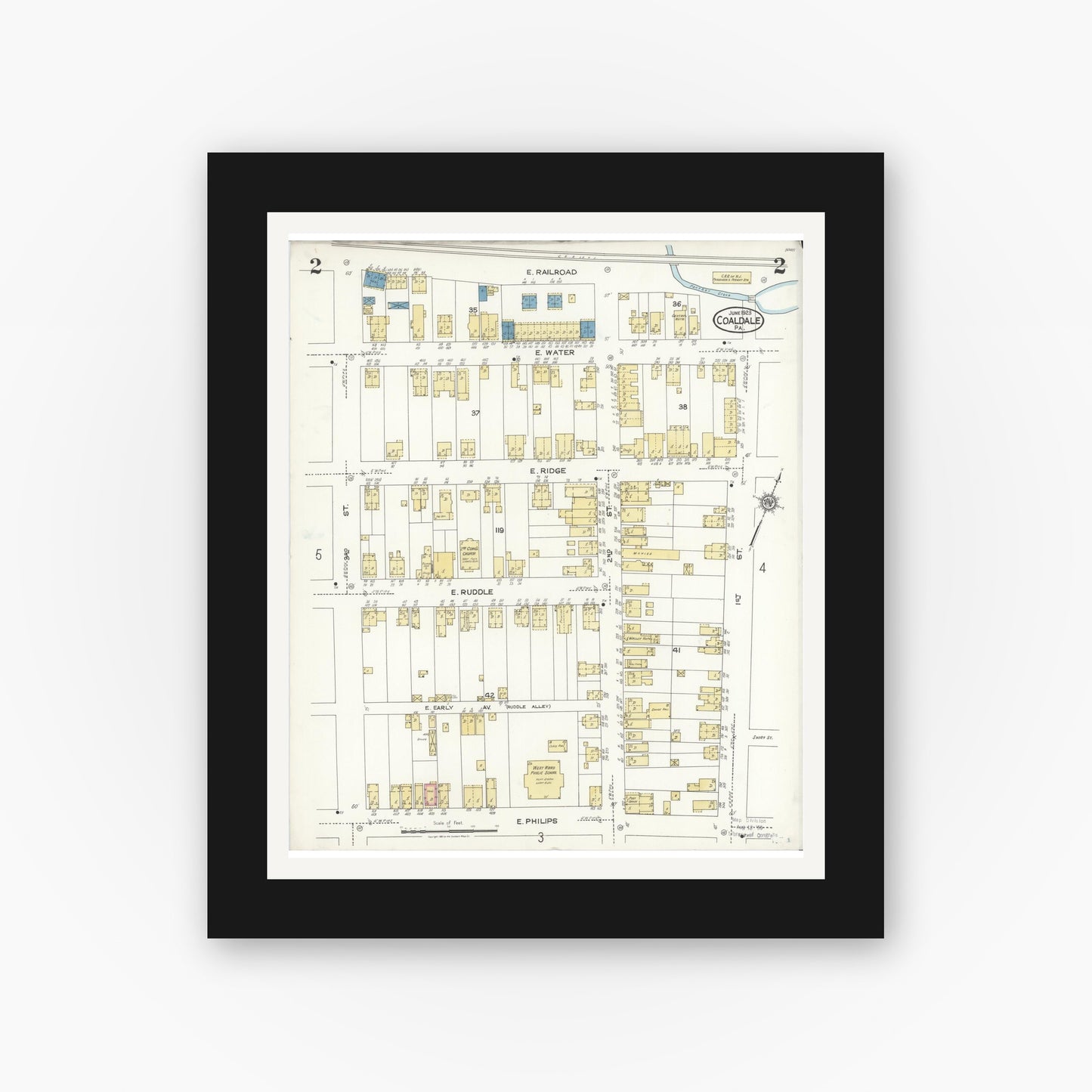 Old map wall art mockup — black gallery frame with white mat — Sanborn Fire Insurance Map from Coaldale, Schuylkill County, Pennsylvania (1923), Sheet #0002