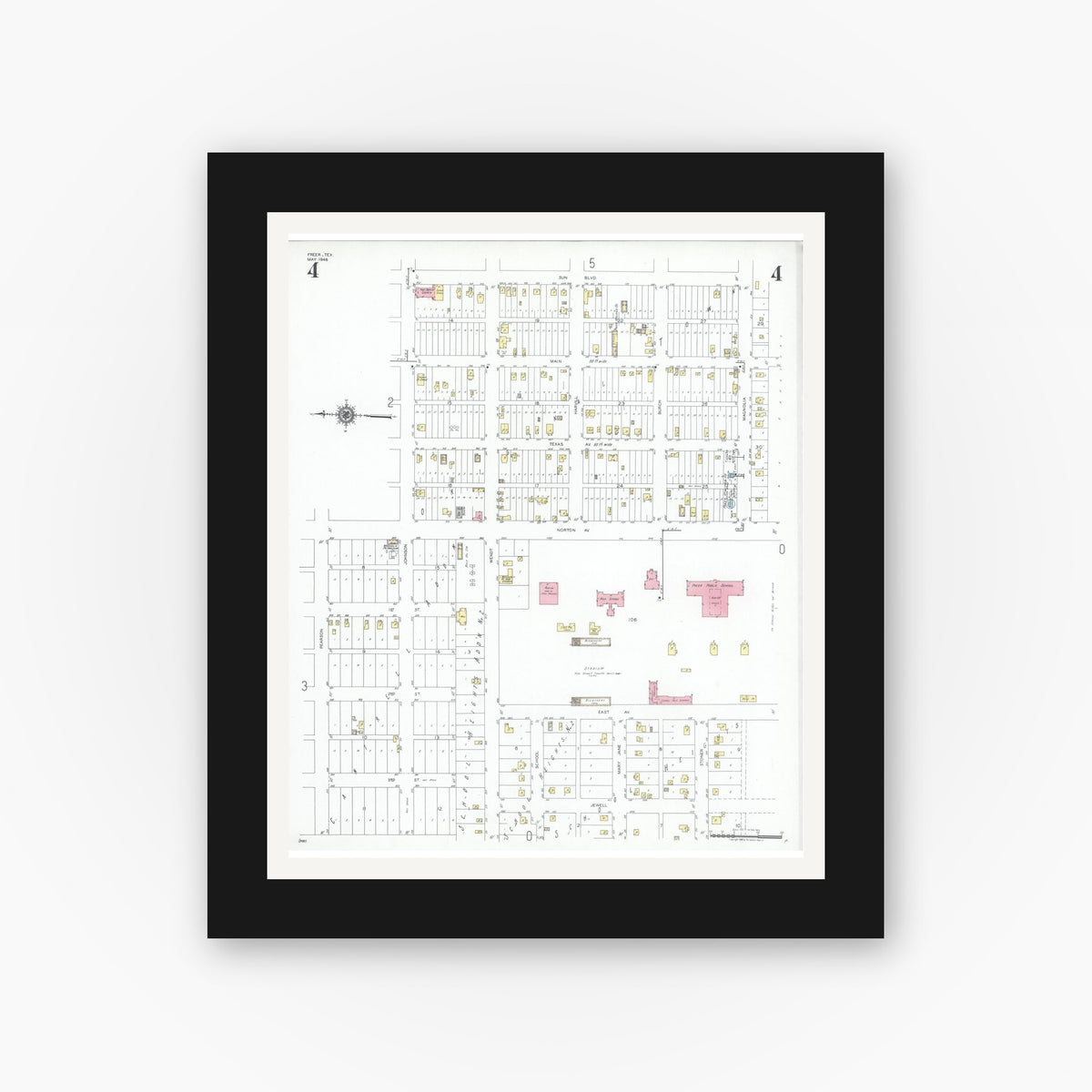 Old map wall art mockup — black gallery frame with white mat — Sanborn Fire Insurance Map from Freer, Duval County, Texas (1948), Sheet #0004