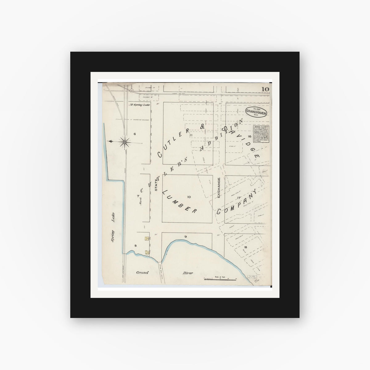 Old map wall art mockup — black gallery frame with white mat — Sanborn Fire Insurance Map from Grand Haven, Ottawa County, Michigan (1883), Sheet #0010