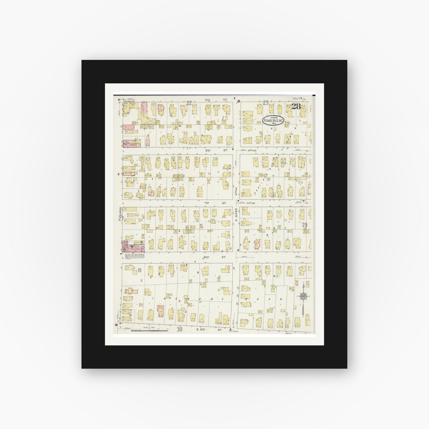 Old map wall art mockup — black gallery frame with white mat — Sanborn Fire Insurance Map from Fond du Lac, Fond du Lac County, Wisconsin (1915), Sheet #0028