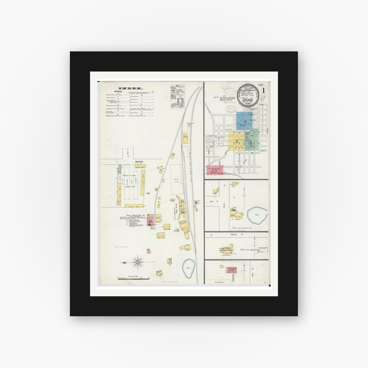 Old map wall art mockup — black gallery frame with white mat — Sanborn Fire Insurance Map from Edina, Knox County, Missouri (1898) - Complete Map Set