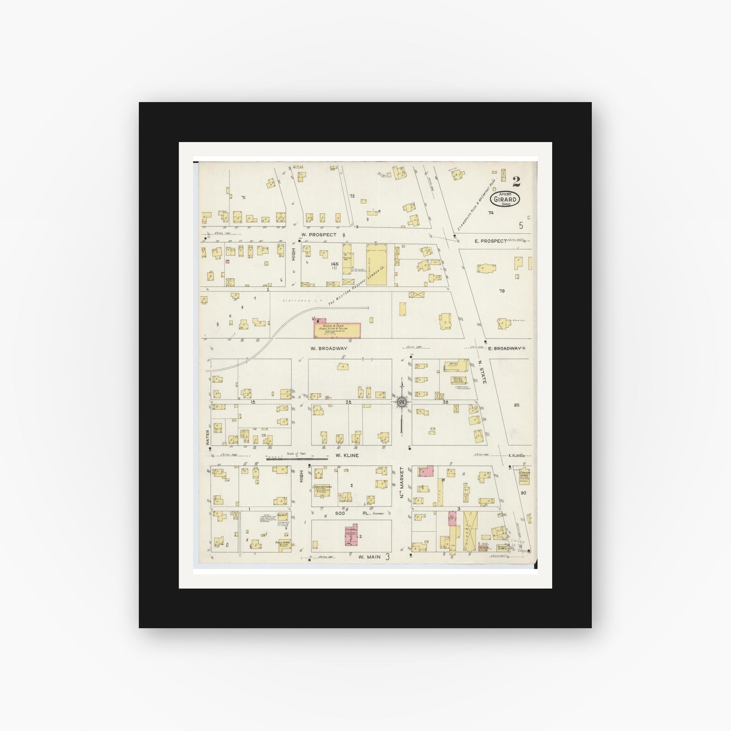 Old map wall art mockup — black gallery frame with white mat — Sanborn Fire Insurance Map from Girard, Trumbull County, Ohio (1915), Sheet #0002