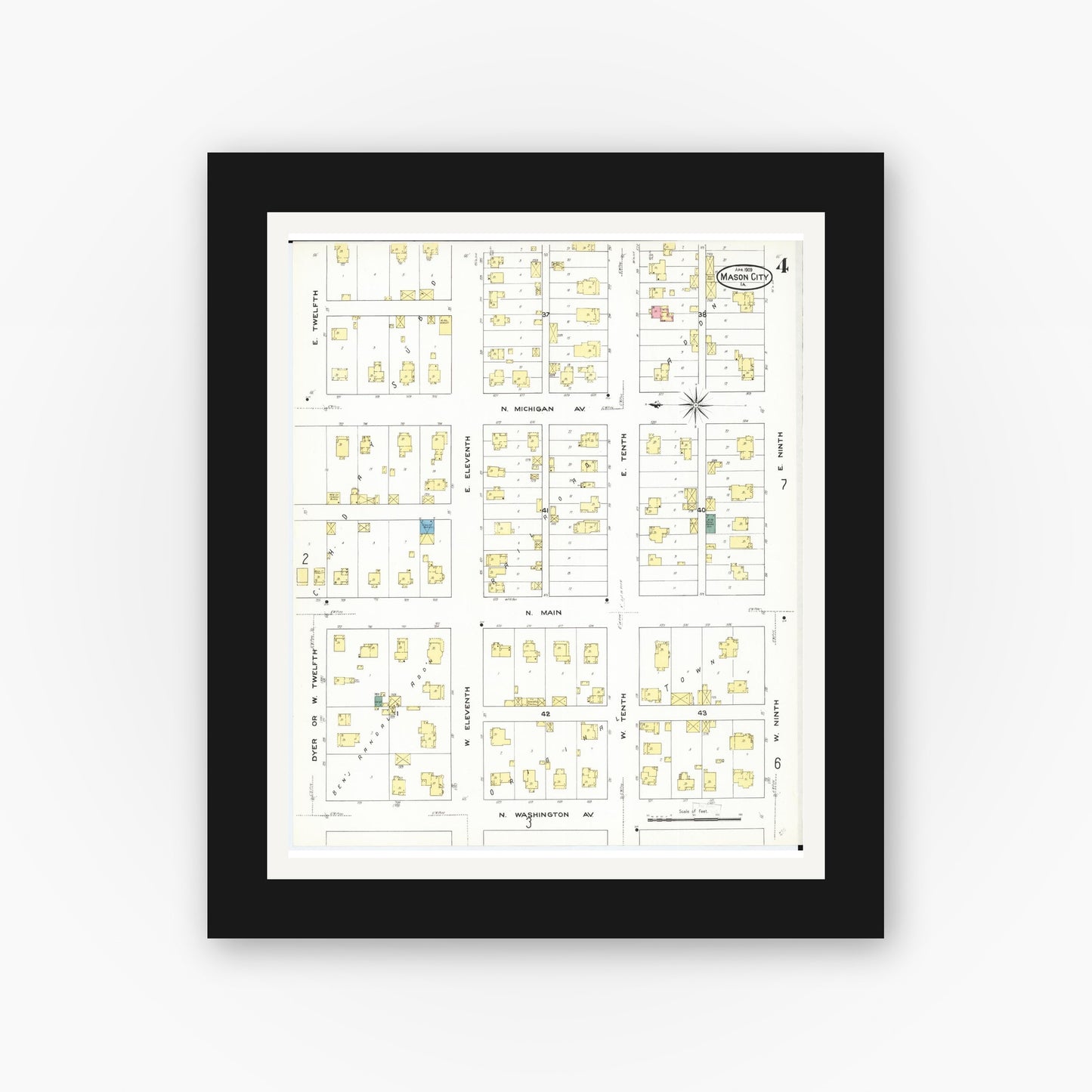 Old map wall art mockup — black gallery frame with white mat — Sanborn Fire Insurance Map from Mason City, Cerro Gordo County, Iowa (1909), Sheet #0004
