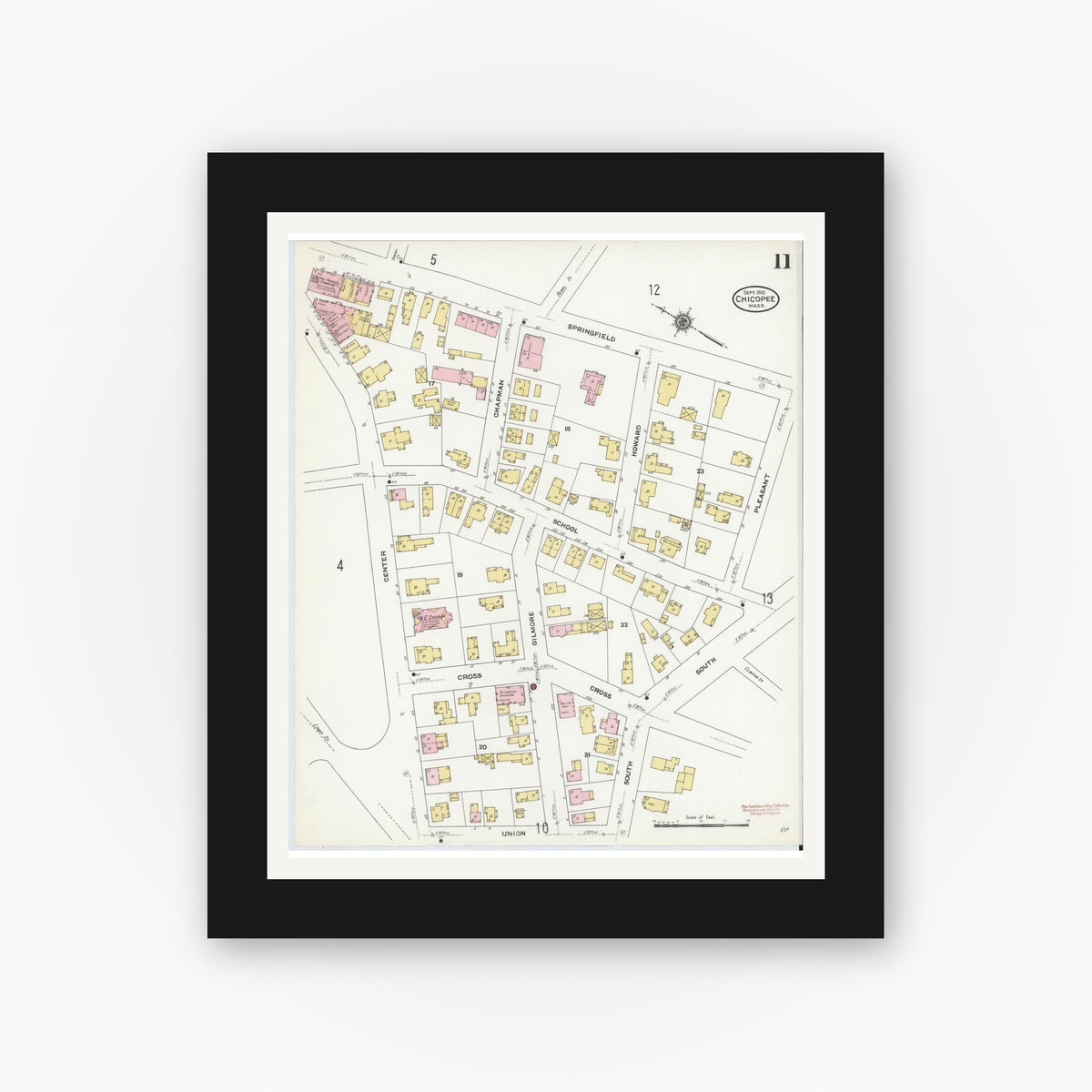 Old map wall art mockup — black gallery frame with white mat — Sanborn Fire Insurance Map from Chicopee, Hampden County, Massachusetts (1910), Sheet #0011