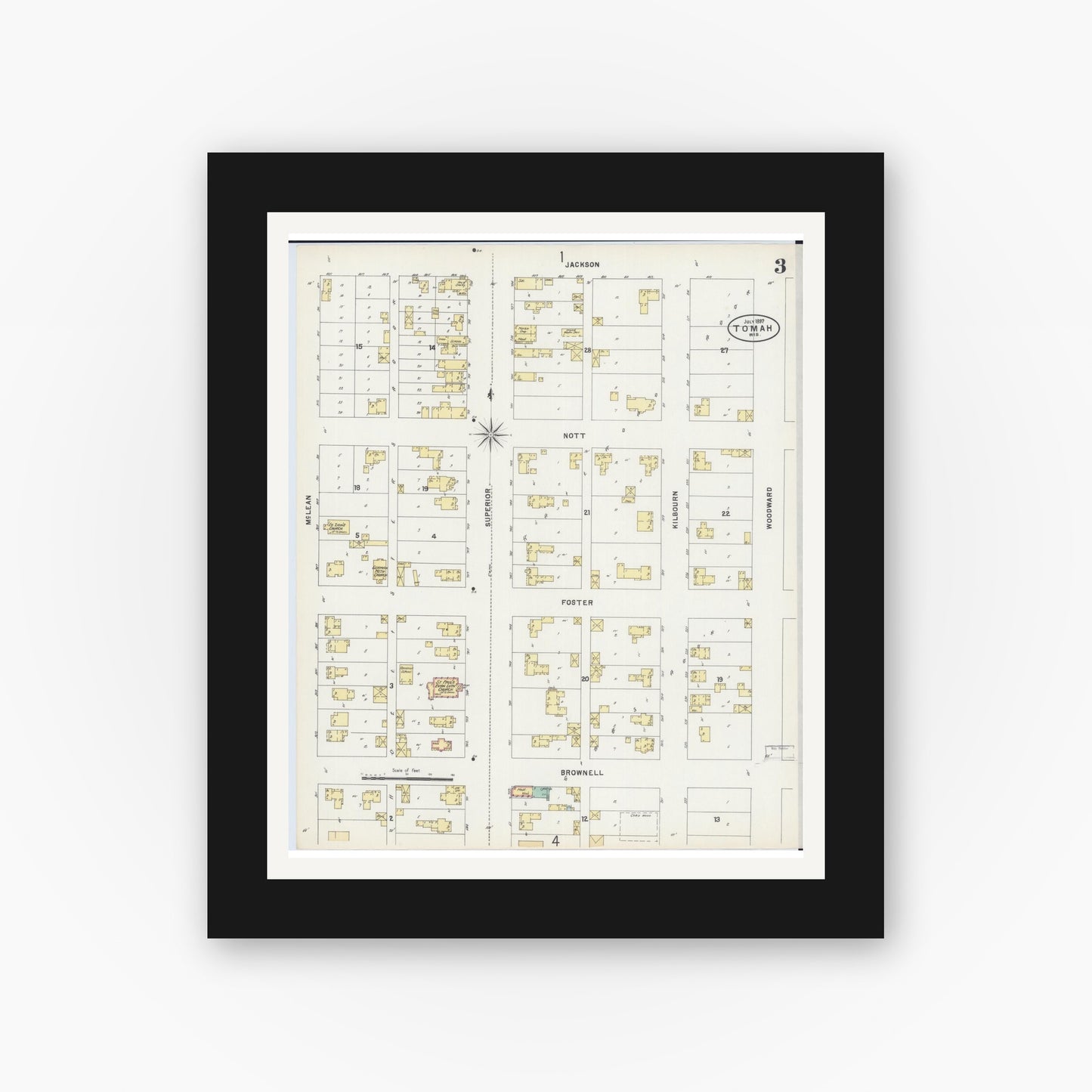 Old map wall art mockup — black gallery frame with white mat — Sanborn Fire Insurance Map from Tomah, Monroe County, Wisconsin (1897), Sheet #0003