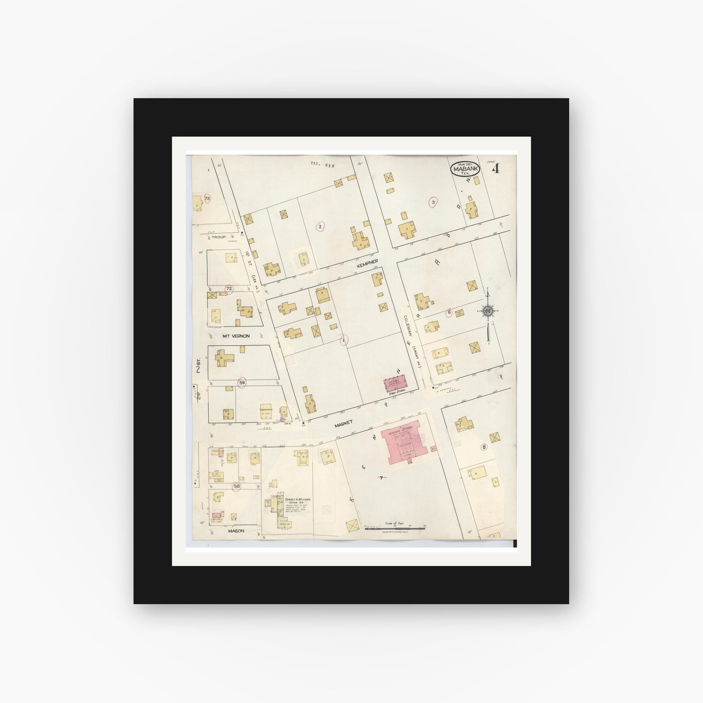 Old map wall art mockup — black gallery frame with white mat — Sanborn Fire Insurance Map from Mabank, Kaufman County, Texas (1934), Sheet #0004