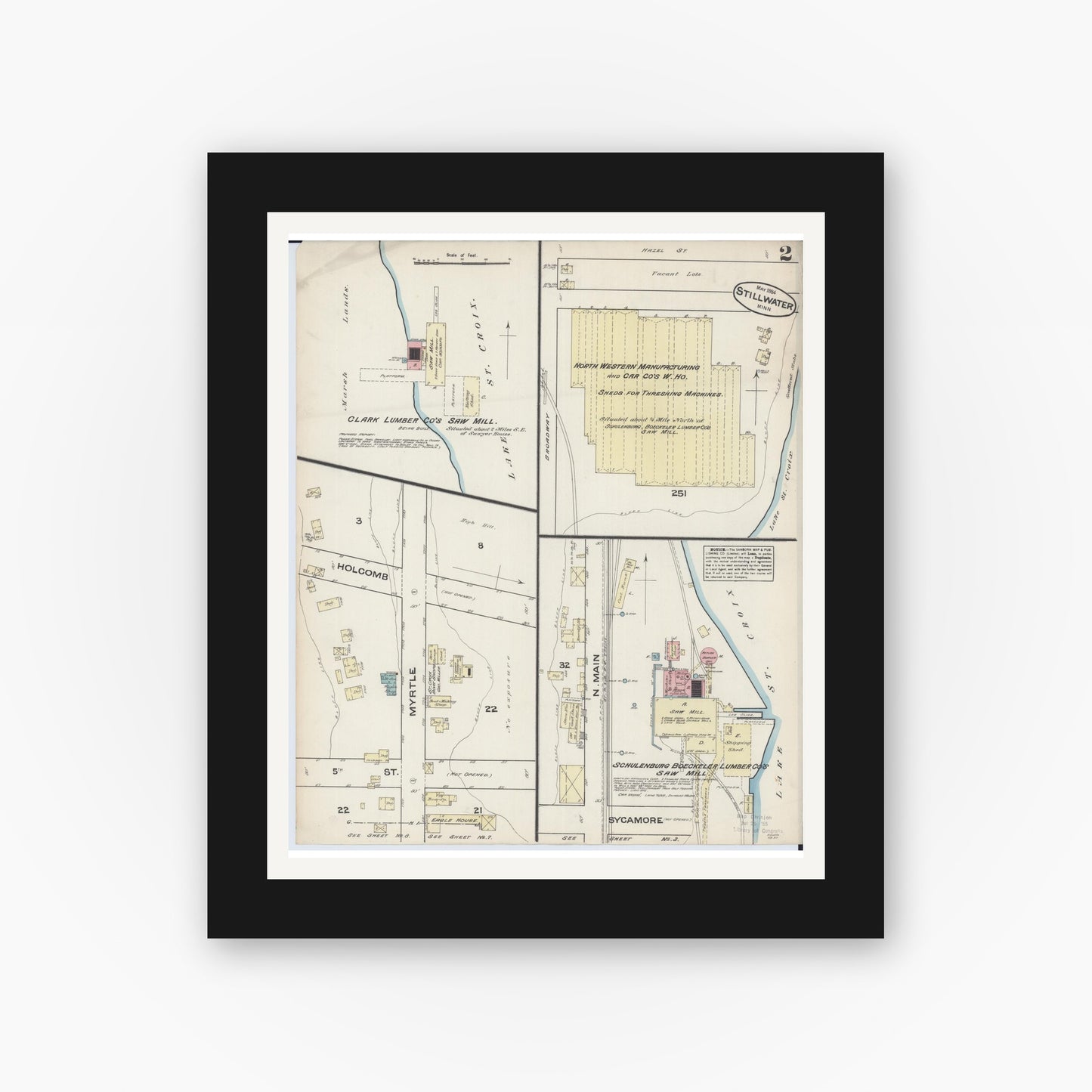 Old map wall art mockup — black gallery frame with white mat — Sanborn Fire Insurance Map from Stillwater, Washington County, Minnesota (1884), Sheet #0002