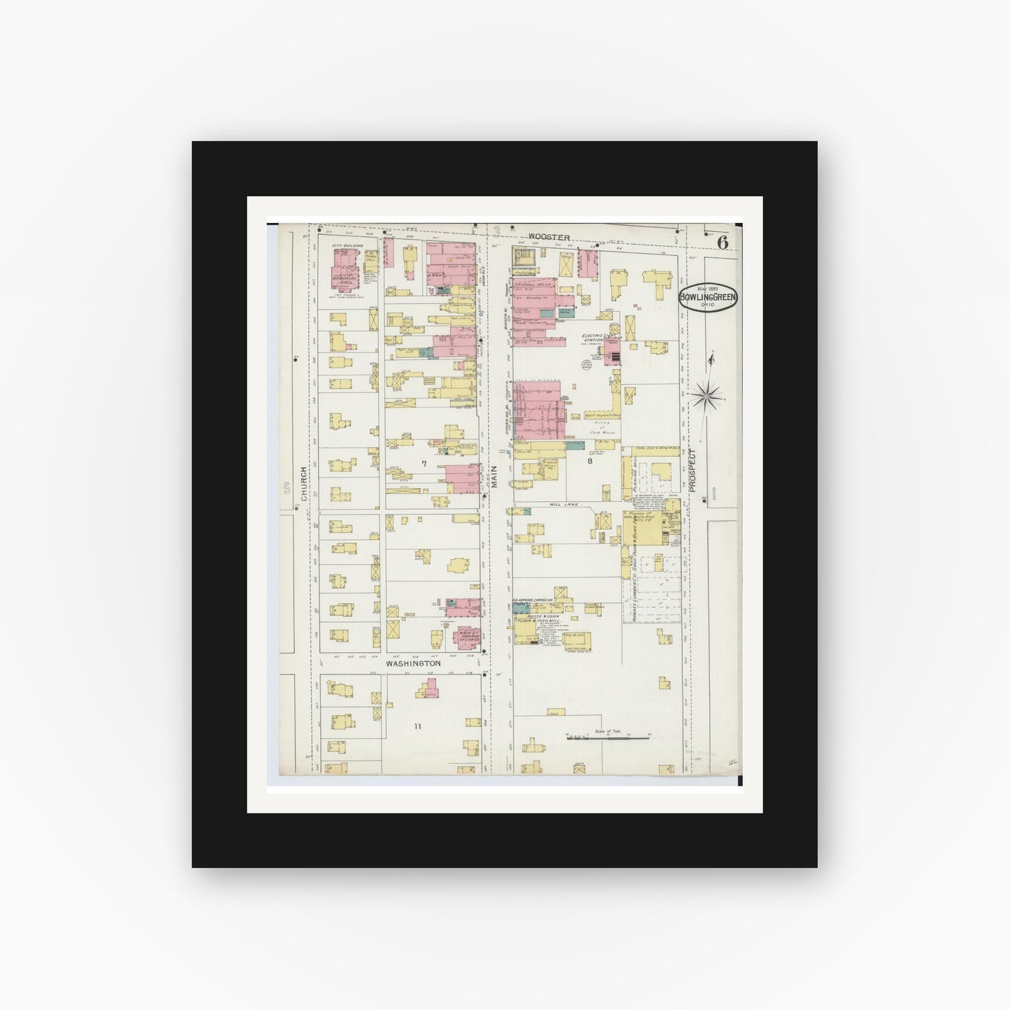 Old map wall art mockup — black gallery frame with white mat — Sanborn Fire Insurance Map from Bowling Green, Wood County, Ohio (1893), Sheet #0006