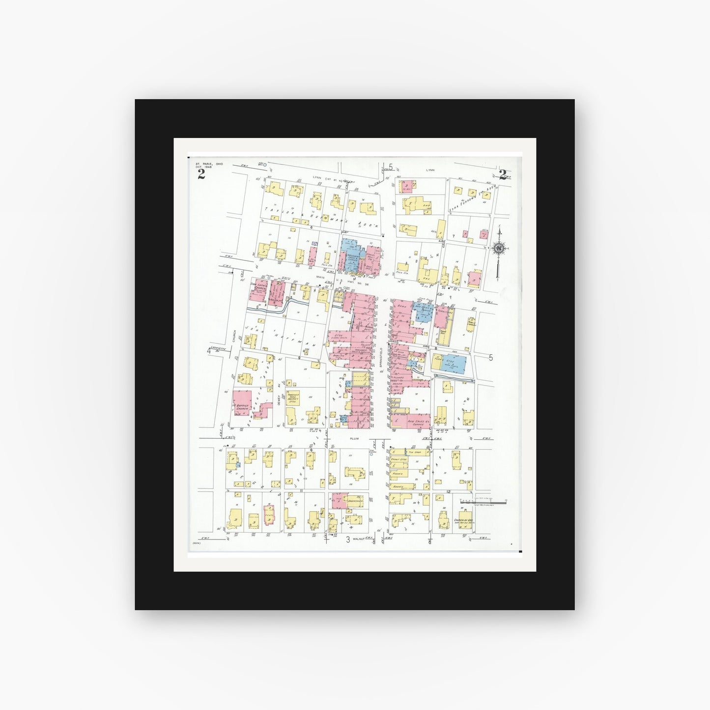 Old map wall art mockup — black gallery frame with white mat — Sanborn Fire Insurance Map from Saint Paris, Champaign County, Ohio (1948), Sheet #0002
