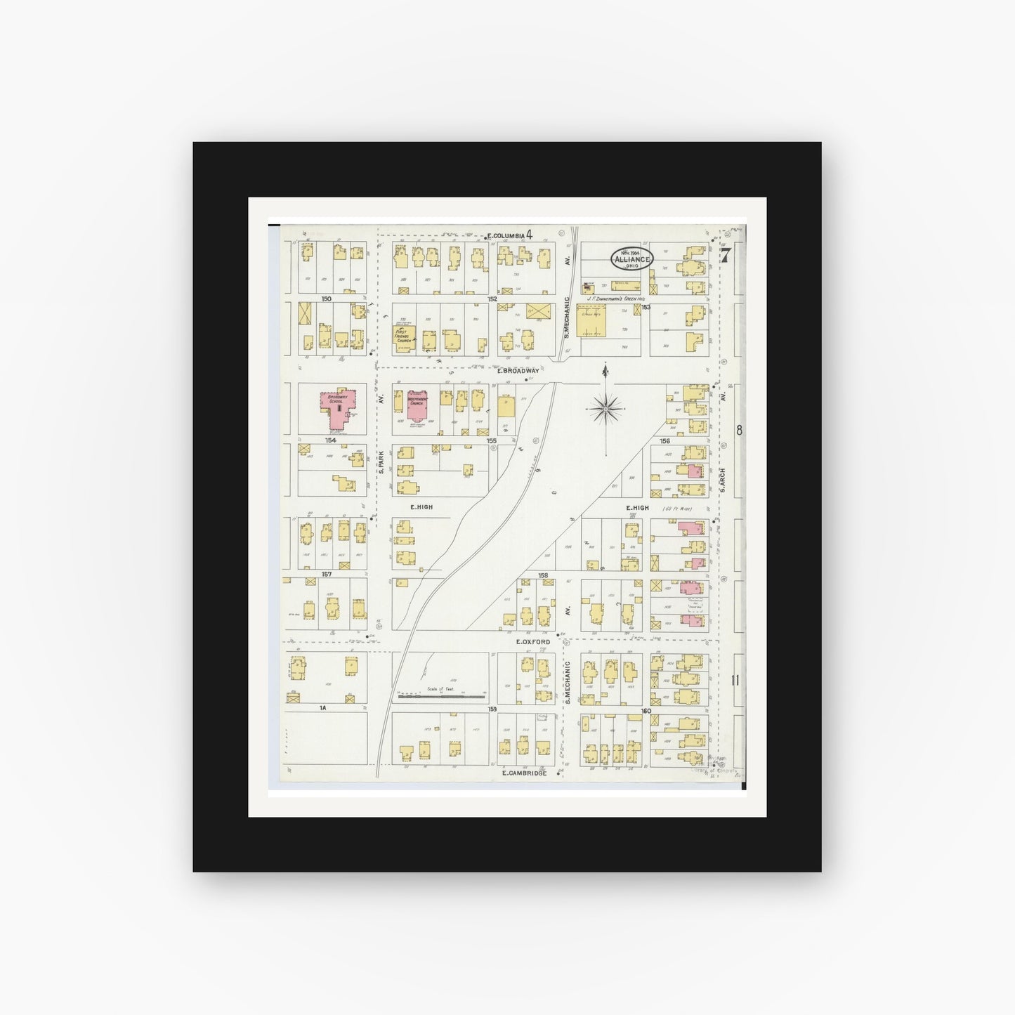 Old map wall art mockup — black gallery frame with white mat — Sanborn Fire Insurance Map from Alliance, Stark County, Ohio (1904), Sheet #0007
