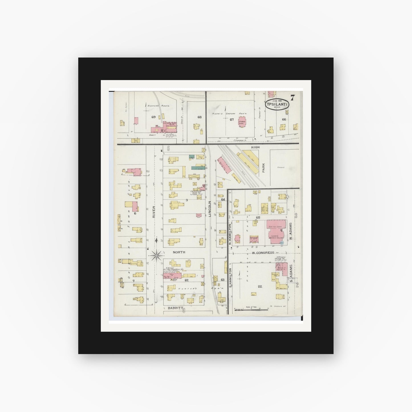 Old map wall art mockup — black gallery frame with white mat — Sanborn Fire Insurance Map from Ypsilanti, Washtenaw County, Michigan (1893), Sheet #0007