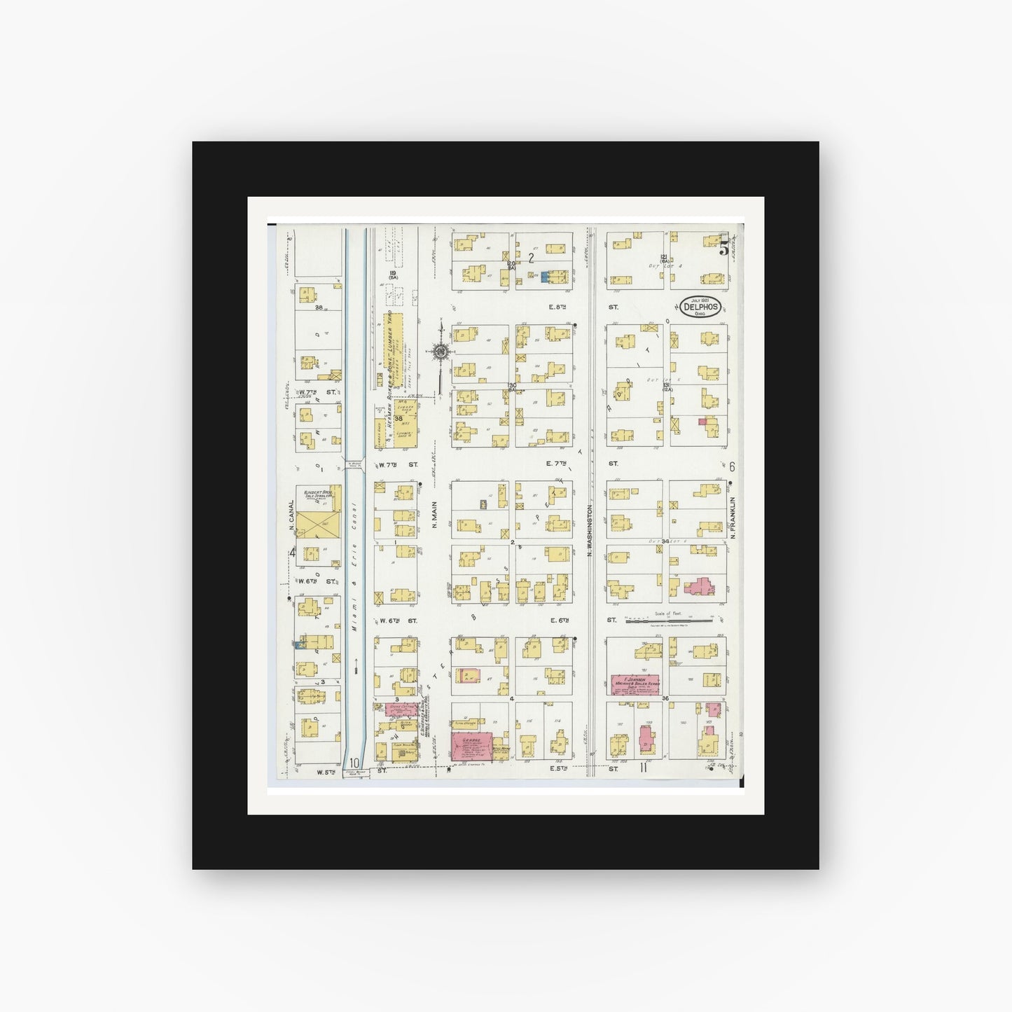 Old map wall art mockup — black gallery frame with white mat — Sanborn Fire Insurance Map from Delphos, Van Wert And Allen Counties, Ohio (1921), Sheet #0005