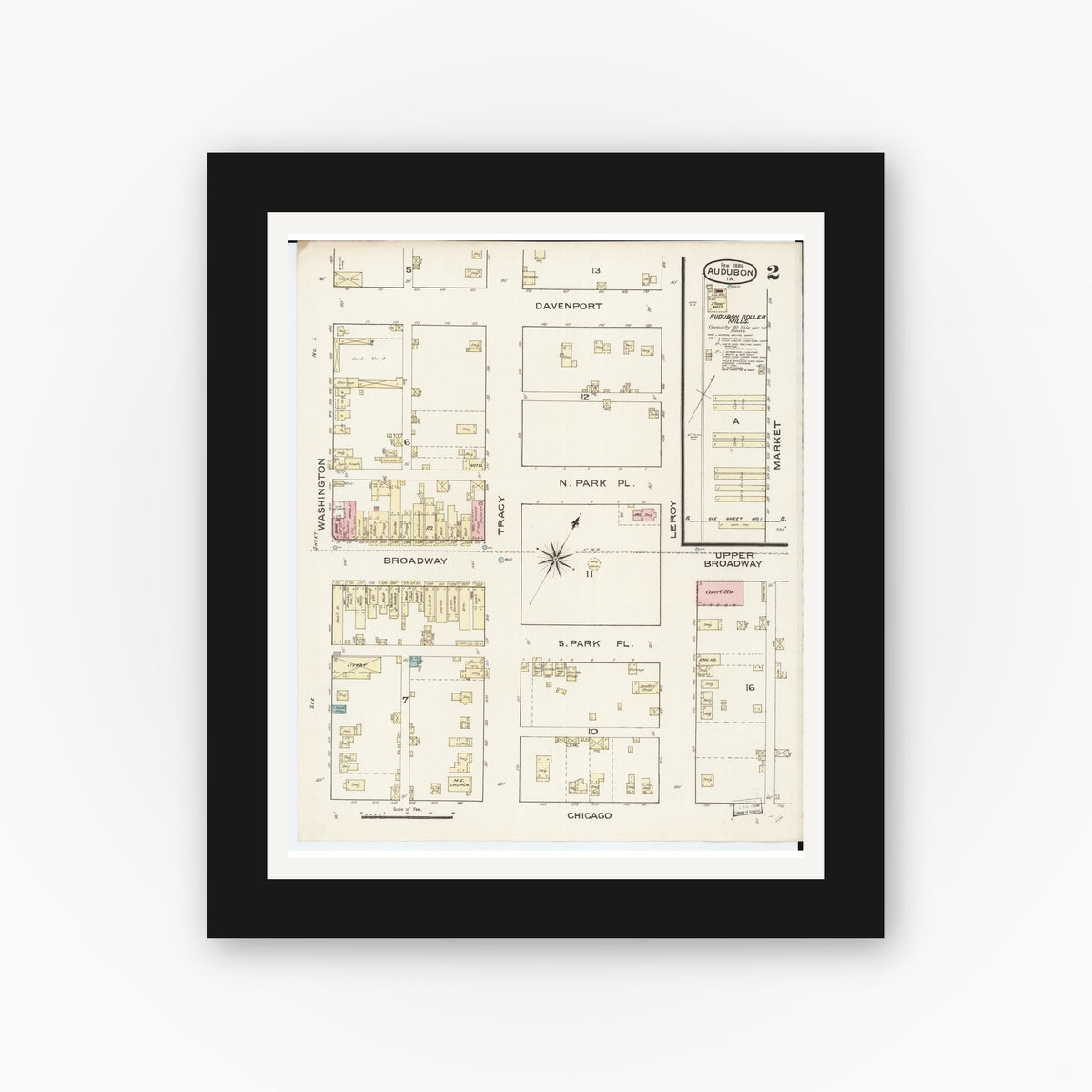Old map wall art mockup — black gallery frame with white mat — Sanborn Fire Insurance Map from Audubon, Audubon County, Iowa (1886), Sheet #0002