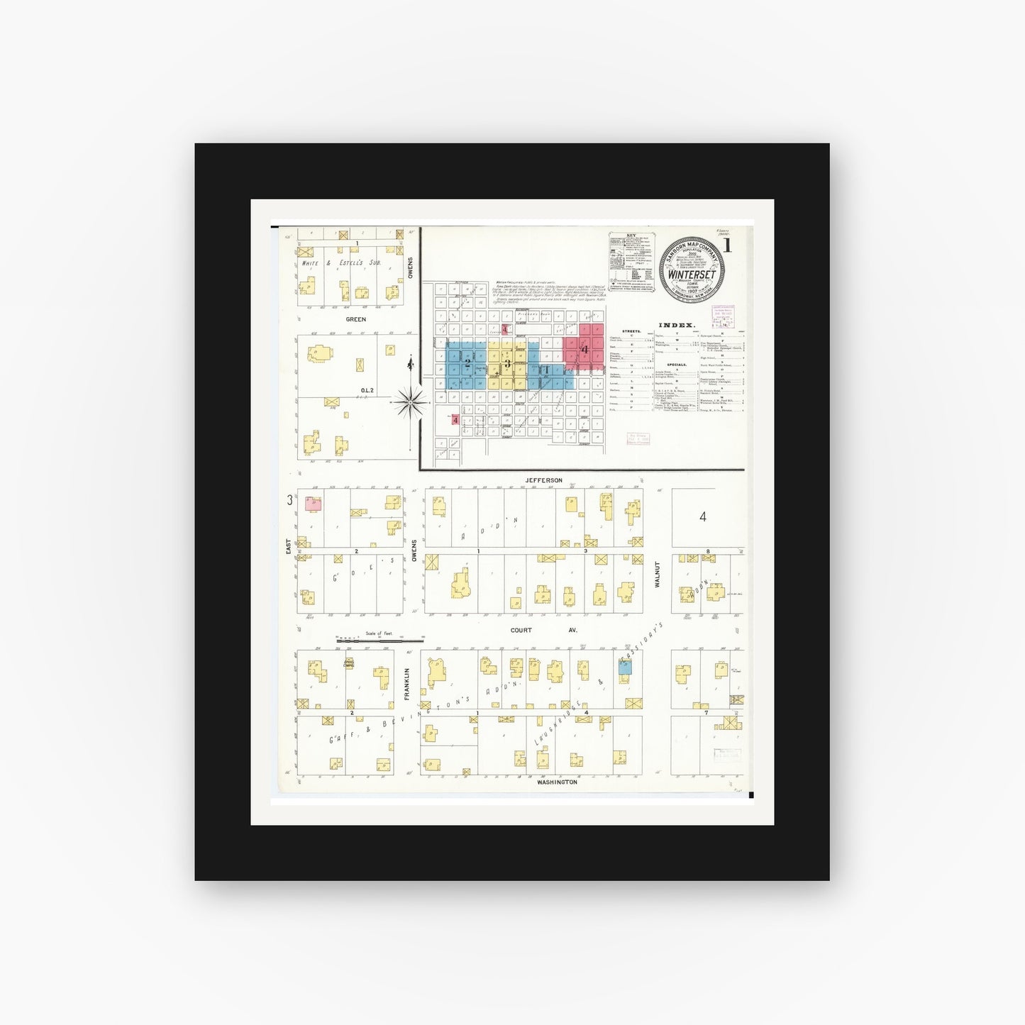 Old map wall art mockup — black gallery frame with white mat — Sanborn Fire Insurance Map from Winterset, Madison County, Iowa (1907), Sheet #0001