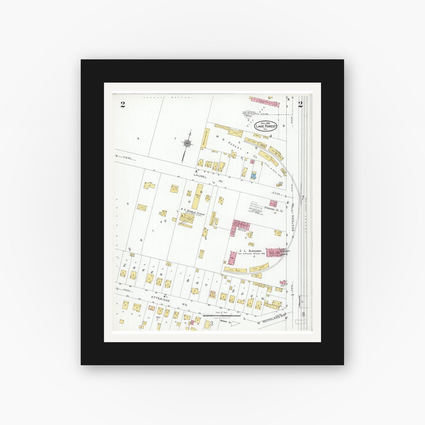 Old map wall art mockup — black gallery frame with white mat — Sanborn Fire Insurance Map from Lake Forest, Lake County, Illinois (1926), Sheet #0002