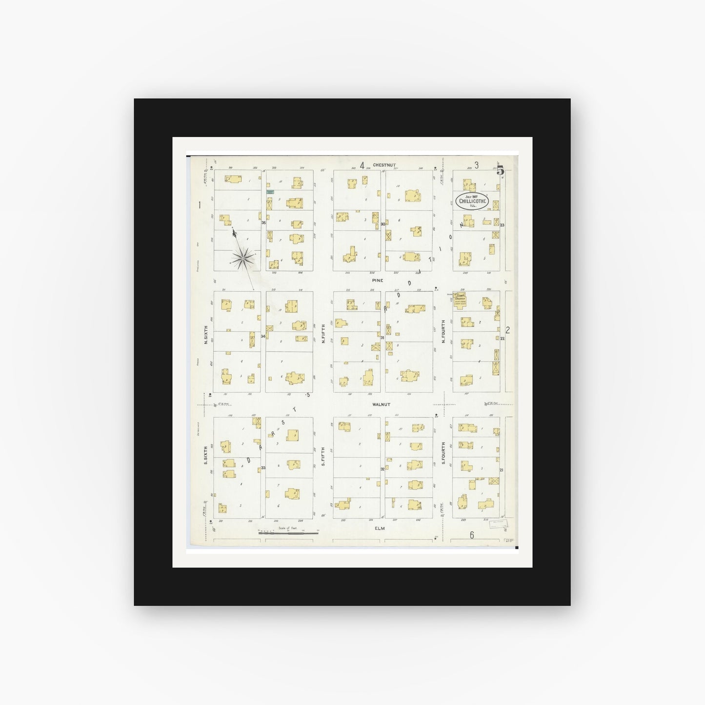 Old map wall art mockup — black gallery frame with white mat — Sanborn Fire Insurance Map from Chillicothe, Peoria County, Illinois (1907), Sheet #0005
