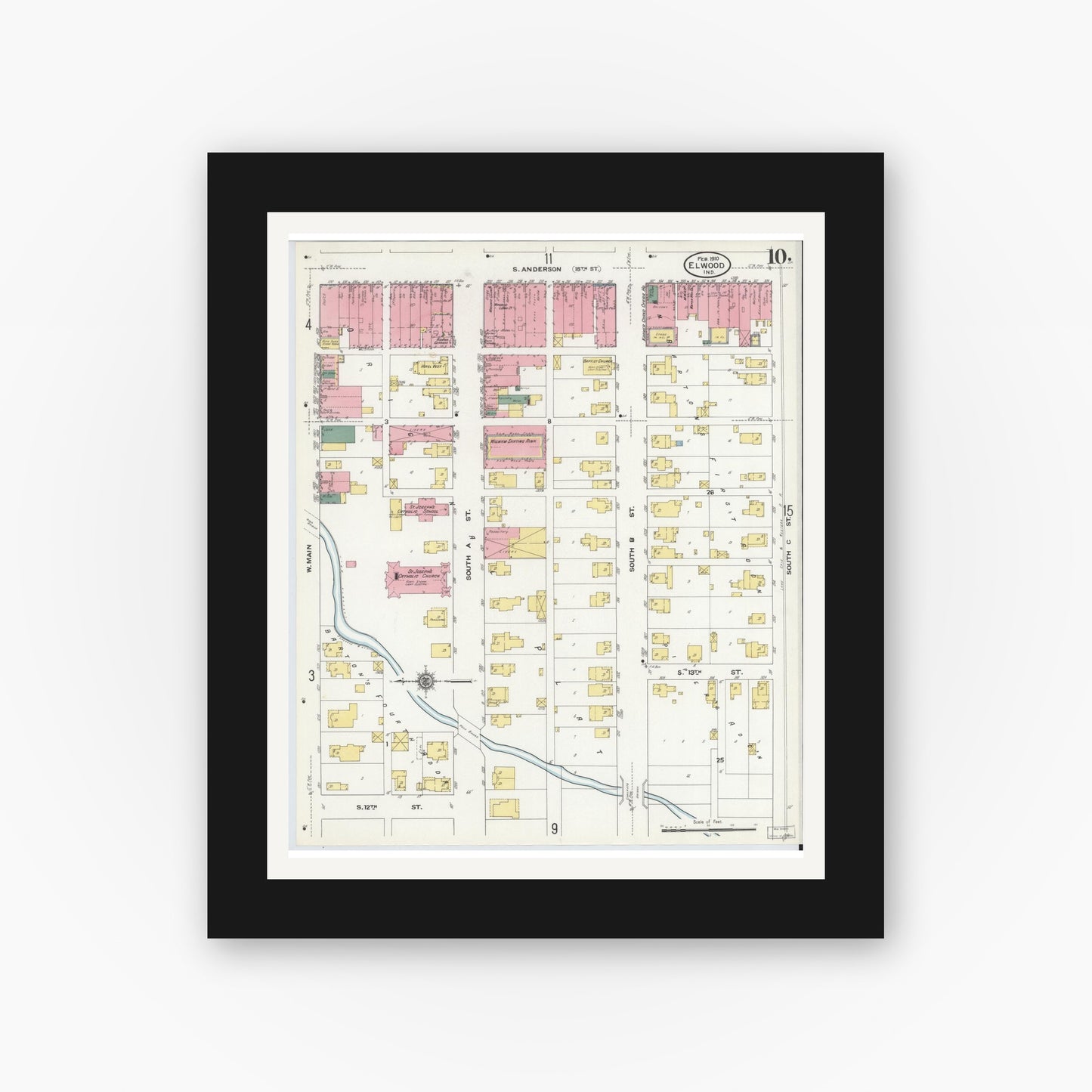 Old map wall art mockup — black gallery frame with white mat — Sanborn Fire Insurance Map from Elwood, Madison County, Indiana (1910), Sheet #0010