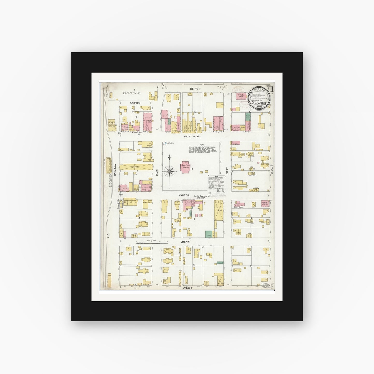 Old map wall art mockup — black gallery frame with white mat — Sanborn Fire Insurance Map from Scottsburg, Scott County, Indiana (1899) - Complete Map Set