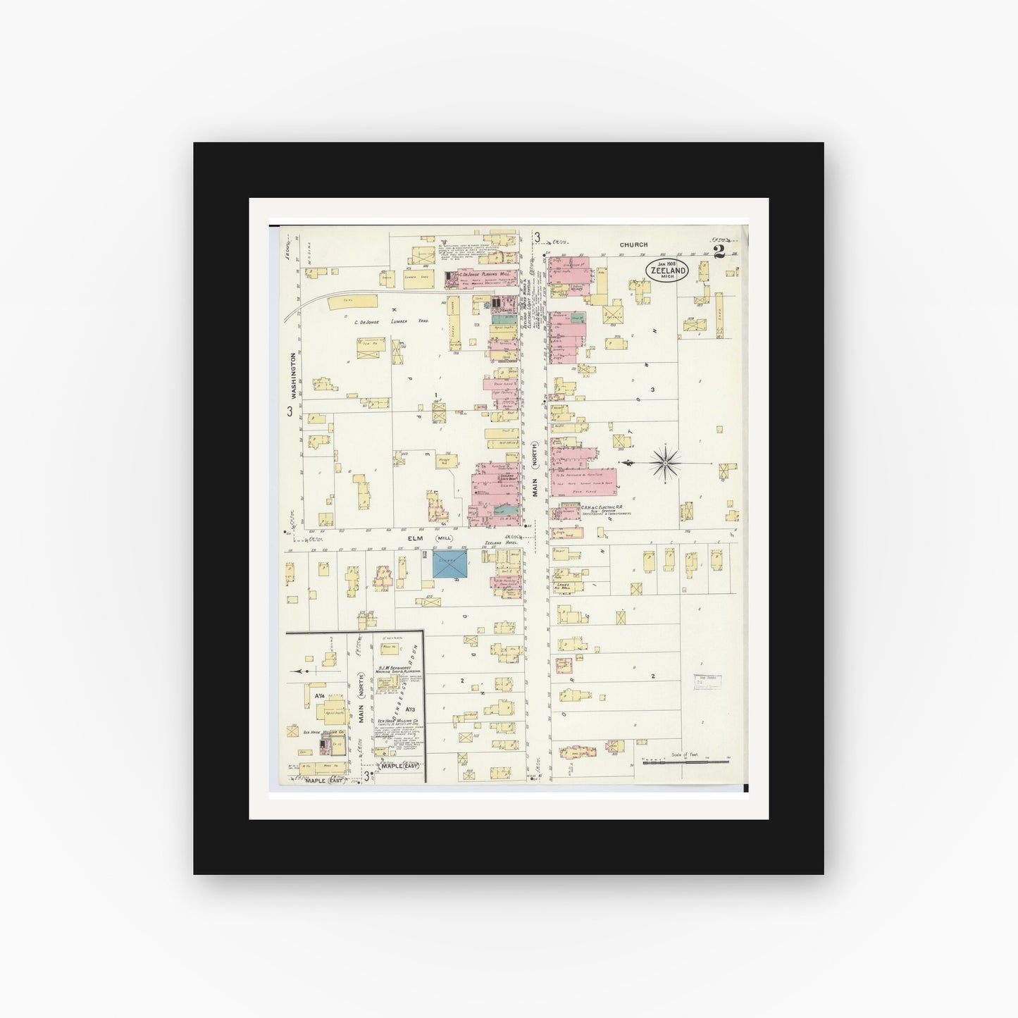 Old map wall art mockup — black gallery frame with white mat — Sanborn Fire Insurance Map from Zeeland, Ottawa County, Michigan (1908), Sheet #0002