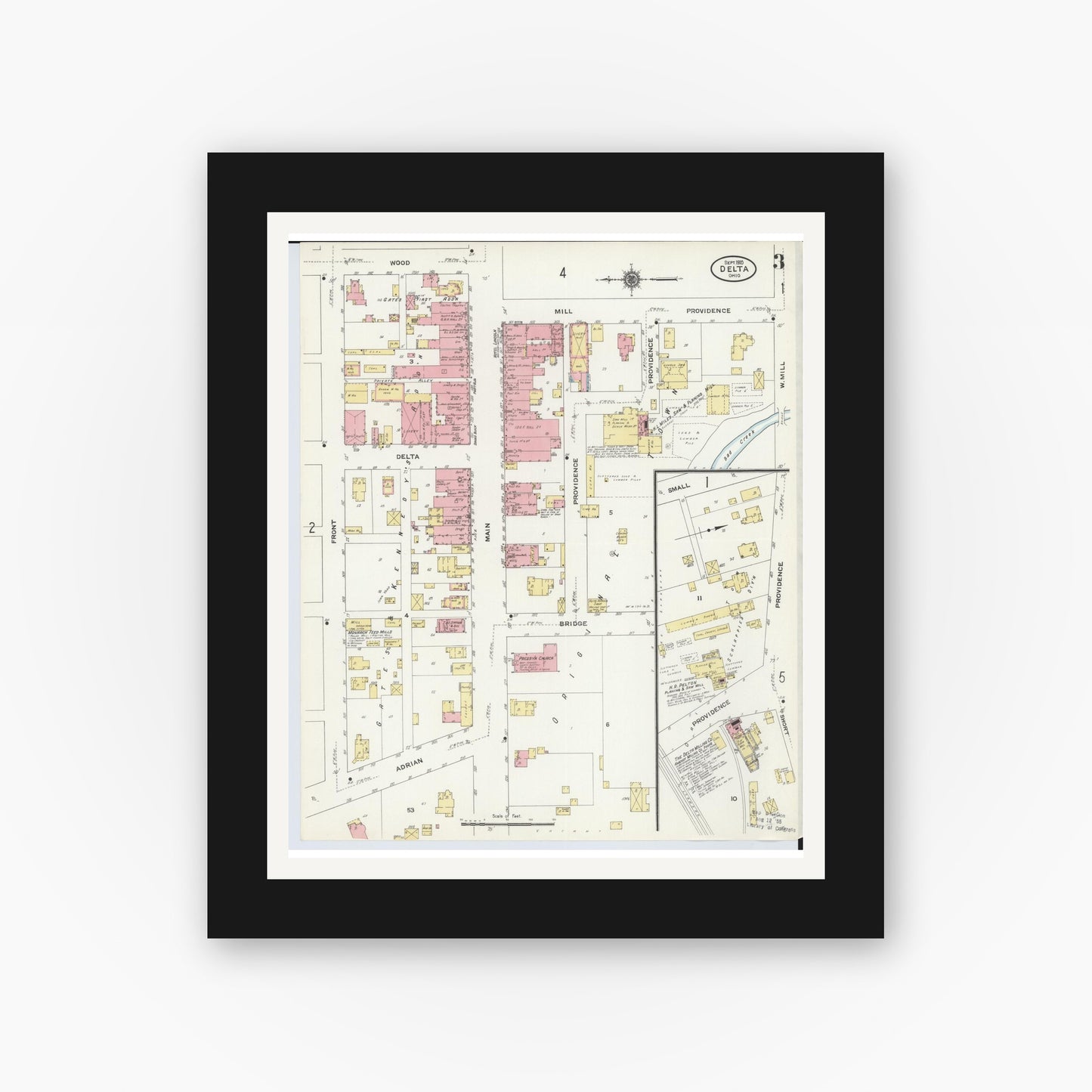 Old map wall art mockup — black gallery frame with white mat — Sanborn Fire Insurance Map from Delta, Fulton County, Ohio (1905), Sheet #0007