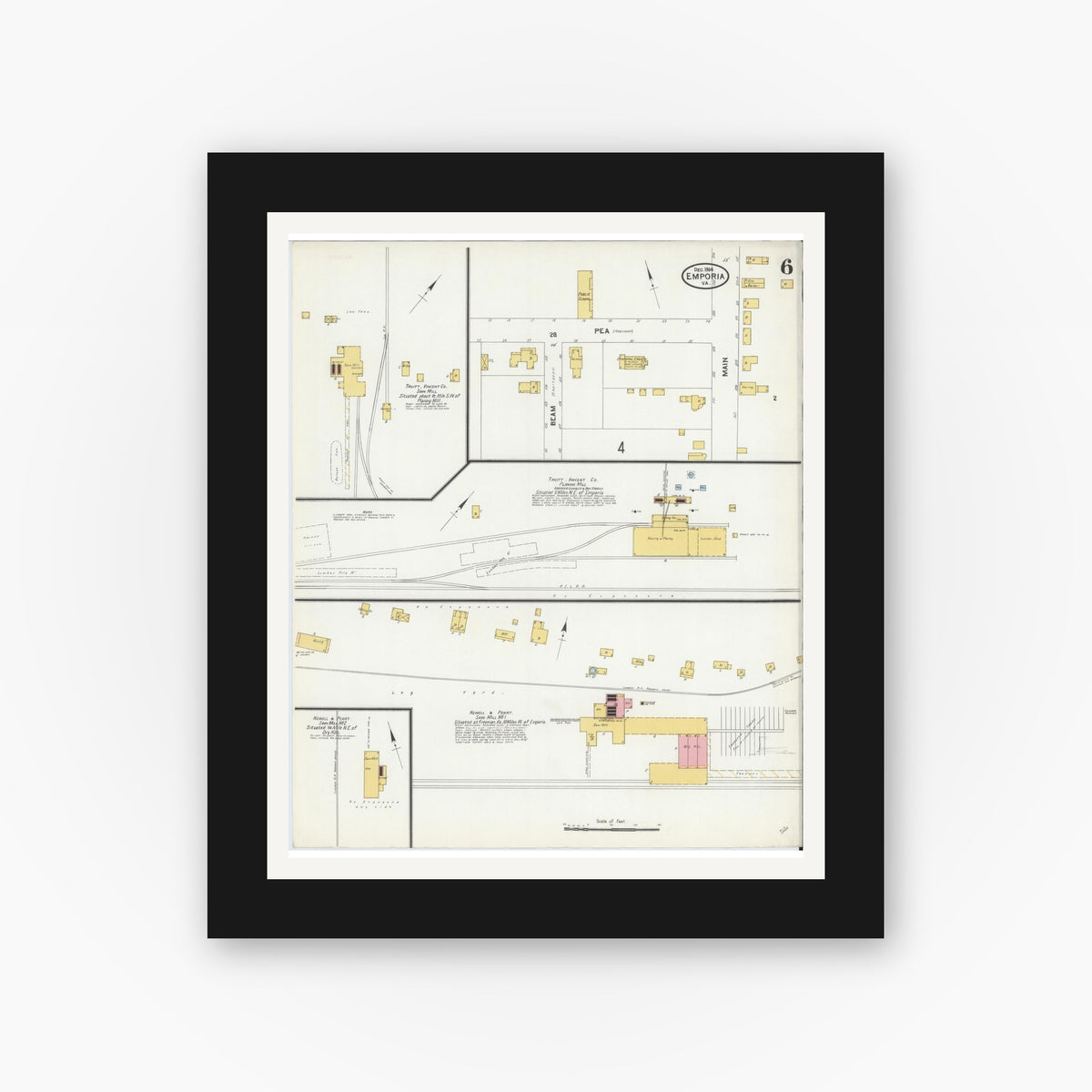 Old map wall art mockup — black gallery frame with white mat — Sanborn Fire Insurance Map from Emporia, Independent Cities, Virginia (1904), Sheet #0006