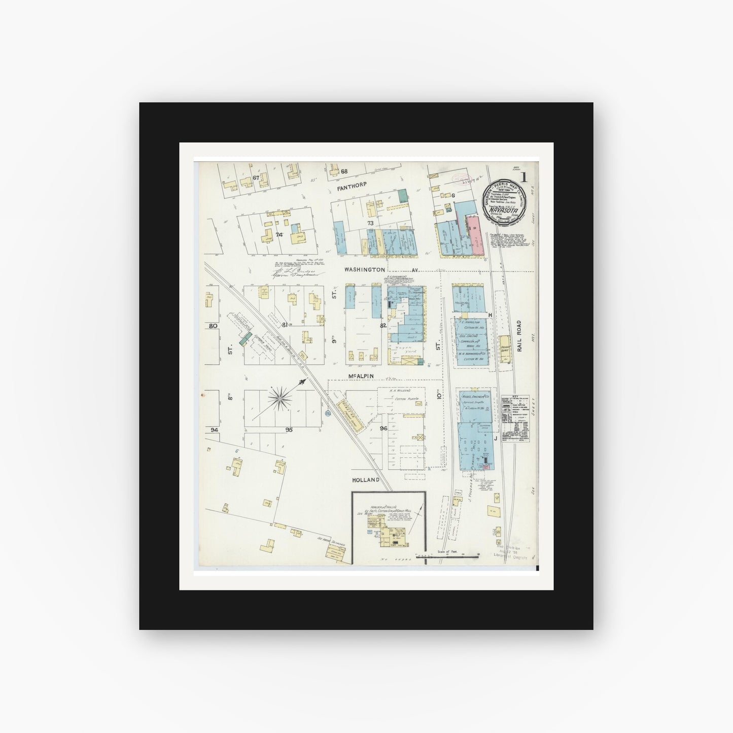 Old map wall art mockup — black gallery frame with white mat — Sanborn Fire Insurance Map from Navasota, Grimes County, Texas (1891), Sheet #0001