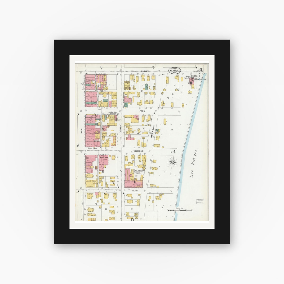 Old map wall art mockup — black gallery frame with white mat — Sanborn Fire Insurance Map from Kenosha, Kenosha County, Wisconsin (1900), Sheet #0008