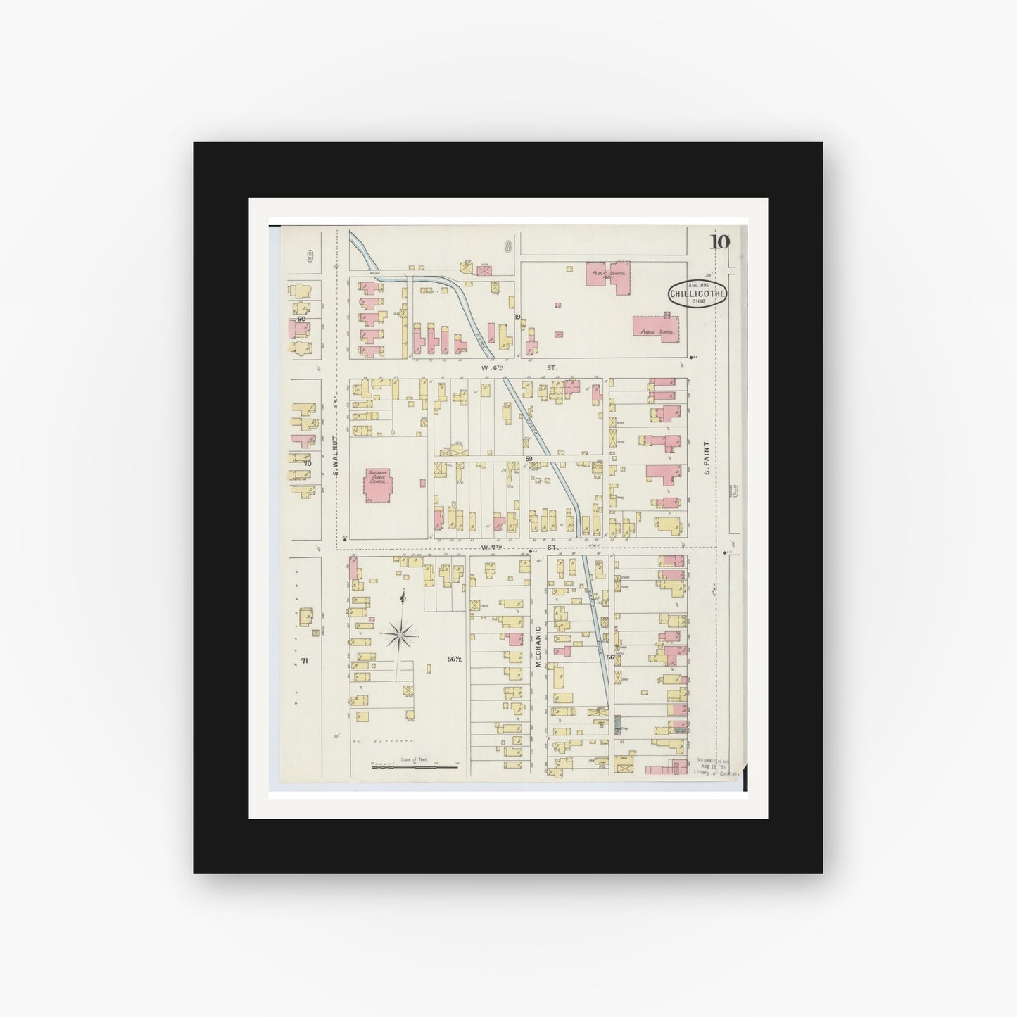 Old map wall art mockup — black gallery frame with white mat — Sanborn Fire Insurance Map from Chillicothe, Ross County, Ohio (1895), Sheet #0010