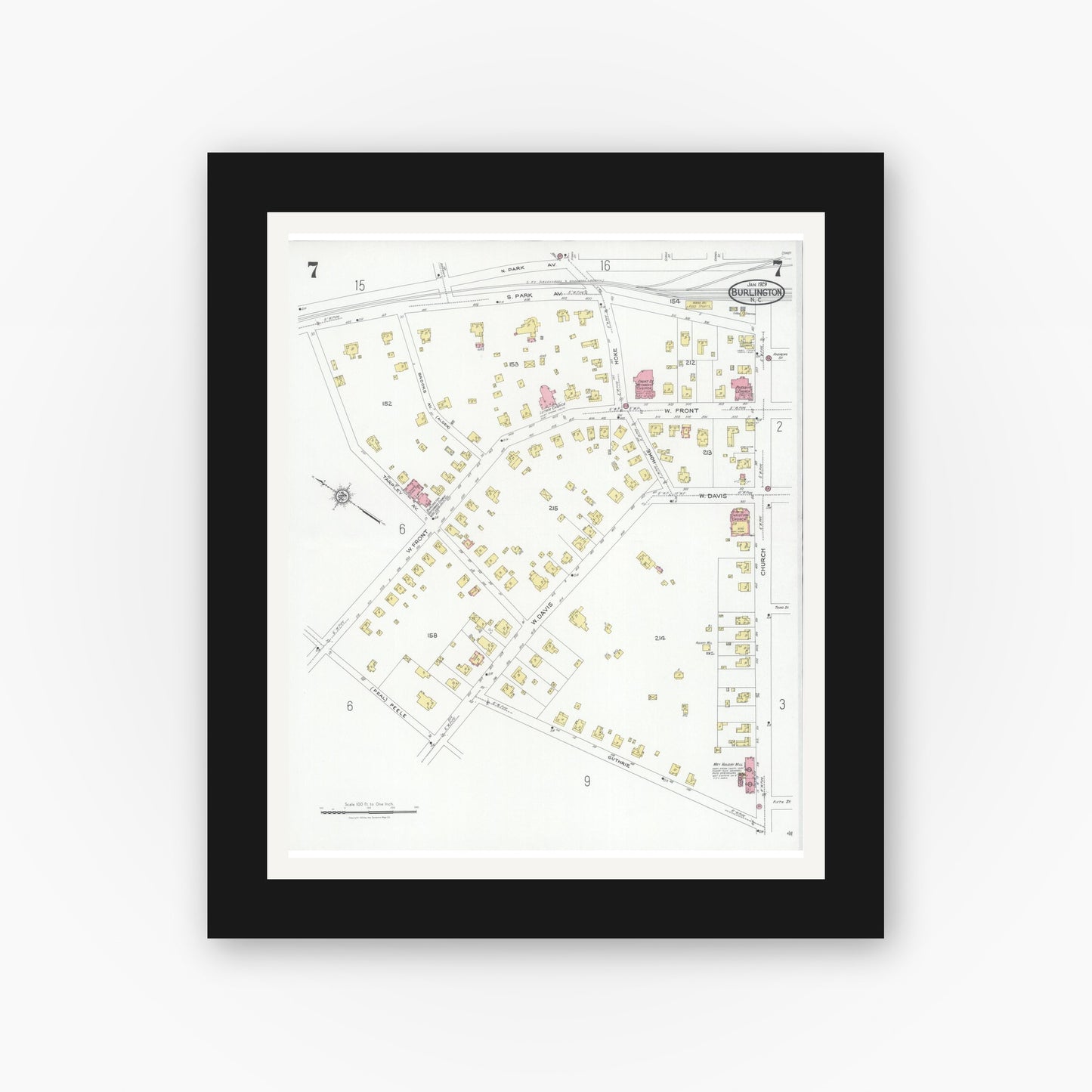 Old map wall art mockup — black gallery frame with white mat — Sanborn Fire Insurance Map from Burlington, Alamance County, North Carolina (1929), Sheet #0007