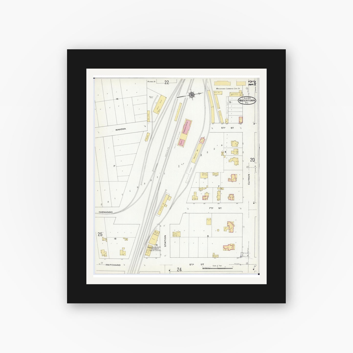 Old map wall art mockup — black gallery frame with white mat — Sanborn Fire Insurance Map from Watertown, Jefferson County, Wisconsin (1909), Sheet #0023