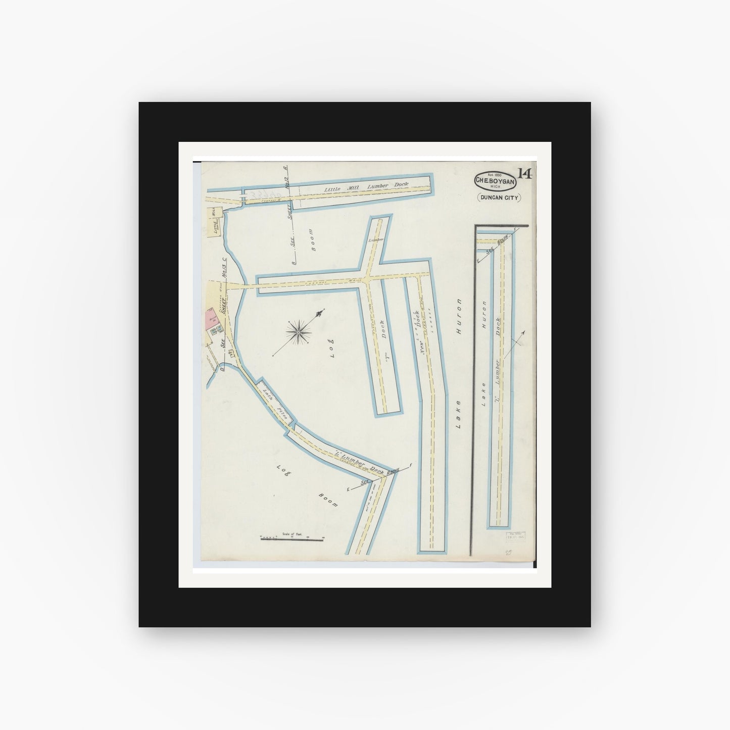 Old map wall art mockup — black gallery frame with white mat — Sanborn Fire Insurance Map from Cheboygan, Cheboygan County, Michigan (1890), Sheet #0014