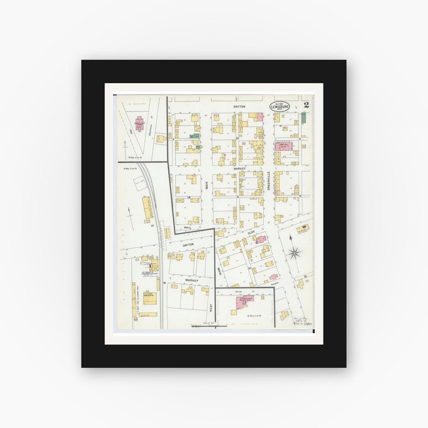 Old map wall art mockup — black gallery frame with white mat — Sanborn Fire Insurance Map from Lewisburg, Preble County, Ohio (1901), Sheet #0002