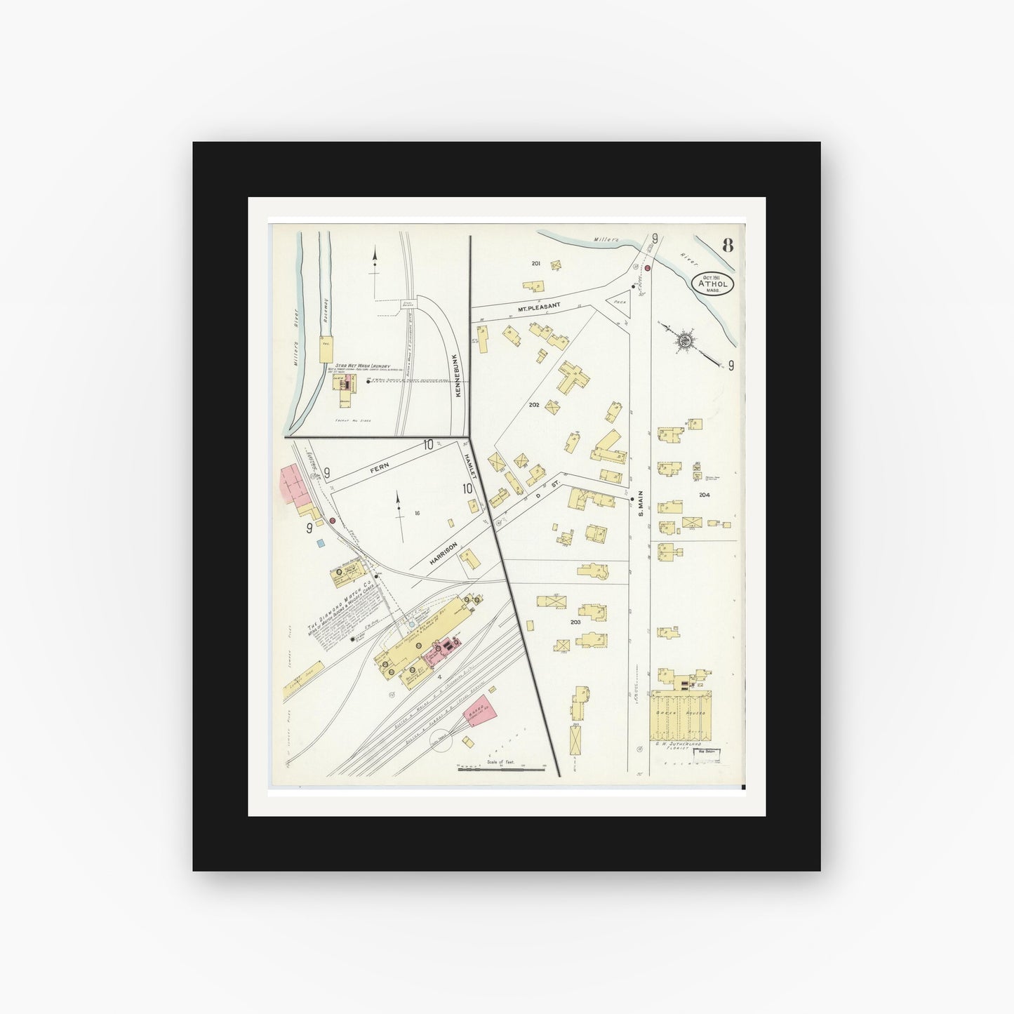 Old map wall art mockup — black gallery frame with white mat — Sanborn Fire Insurance Map from Athol, Worcester County, Massachusetts (1911), Sheet #0008