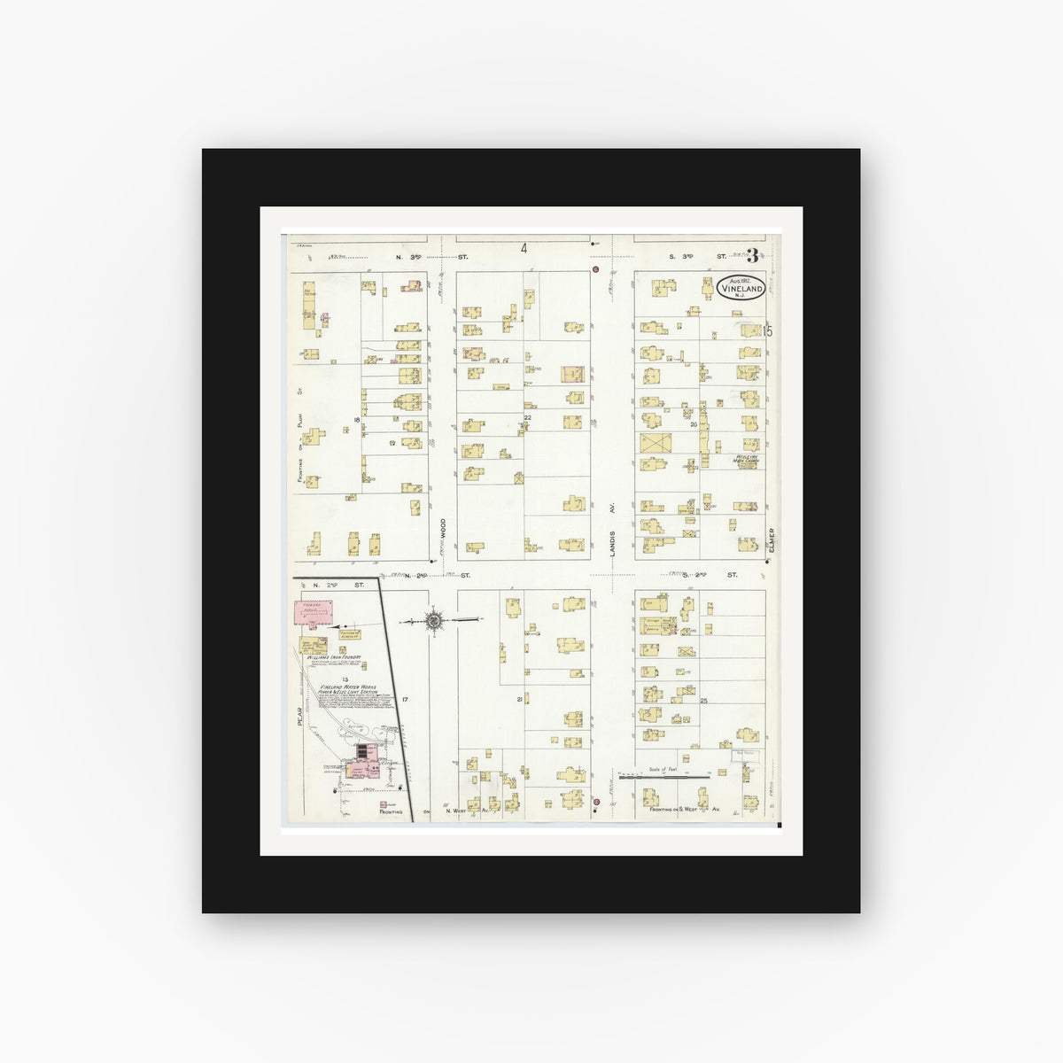 Old map wall art mockup — black gallery frame with white mat — Sanborn Fire Insurance Map from Vineland, Cumberland County, New Jersey (1912), Sheet #0003