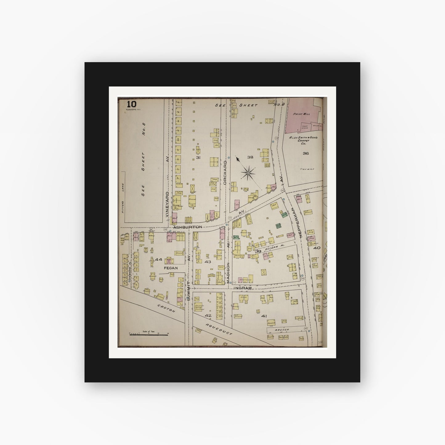Old map wall art mockup — black gallery frame with white mat — Sanborn Fire Insurance Map from Yonkers, Westchester County, New York (1886), Sheet #0010