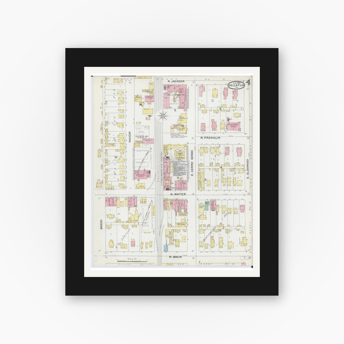 Old map wall art mockup — black gallery frame with white mat — Sanborn Fire Insurance Map from Decatur, Macon County, Illinois (1892), Sheet #0004