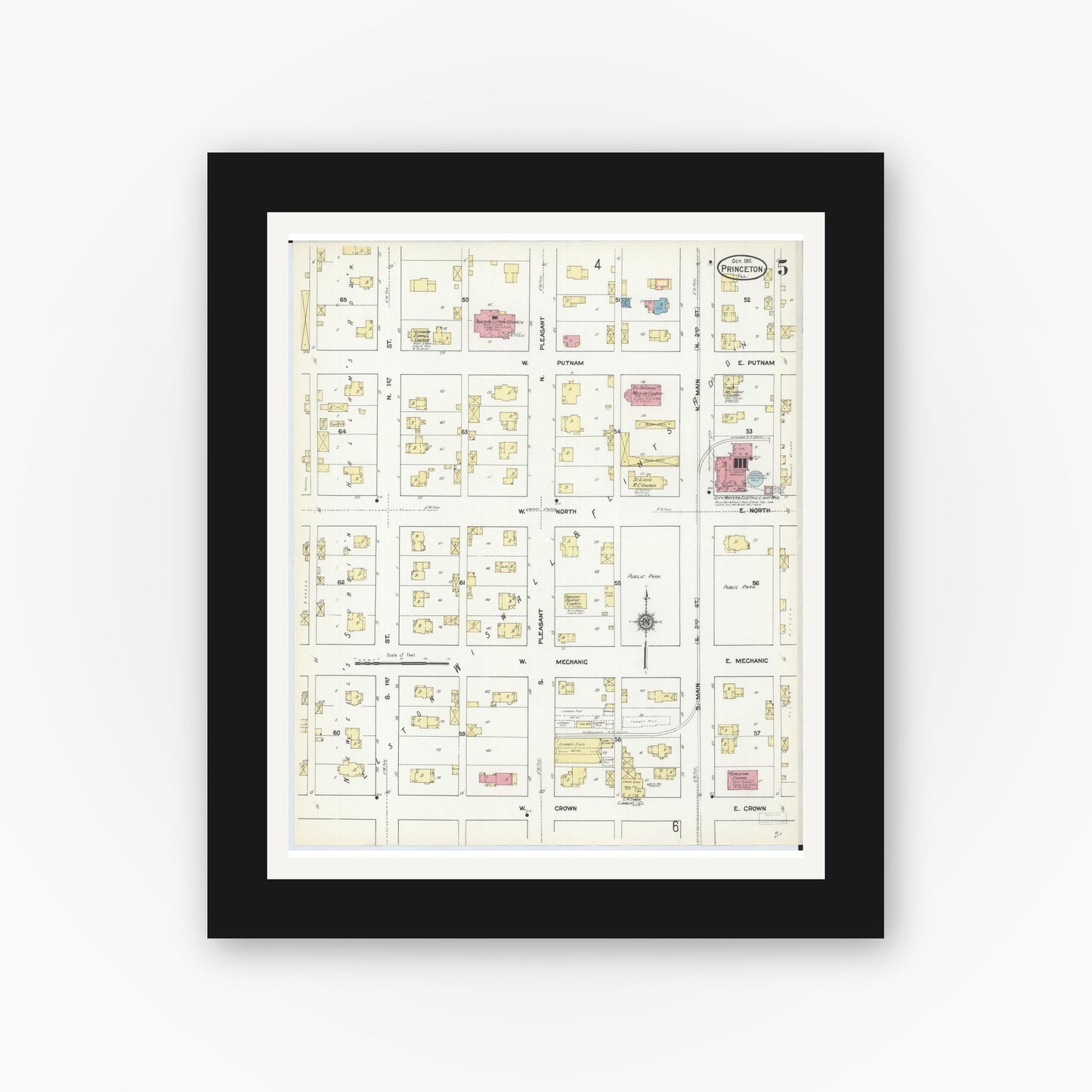 Old map wall art mockup — black gallery frame with white mat — Sanborn Fire Insurance Map from Princeton, Bureau County, Illinois (1911), Sheet #0005