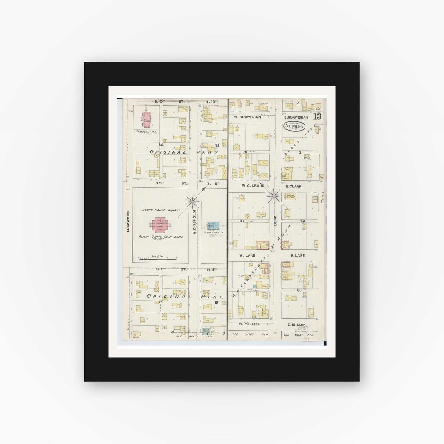Old map wall art mockup — black gallery frame with white mat — Sanborn Fire Insurance Map from Alpena, Alpena County, Michigan (1890), Sheet #0013