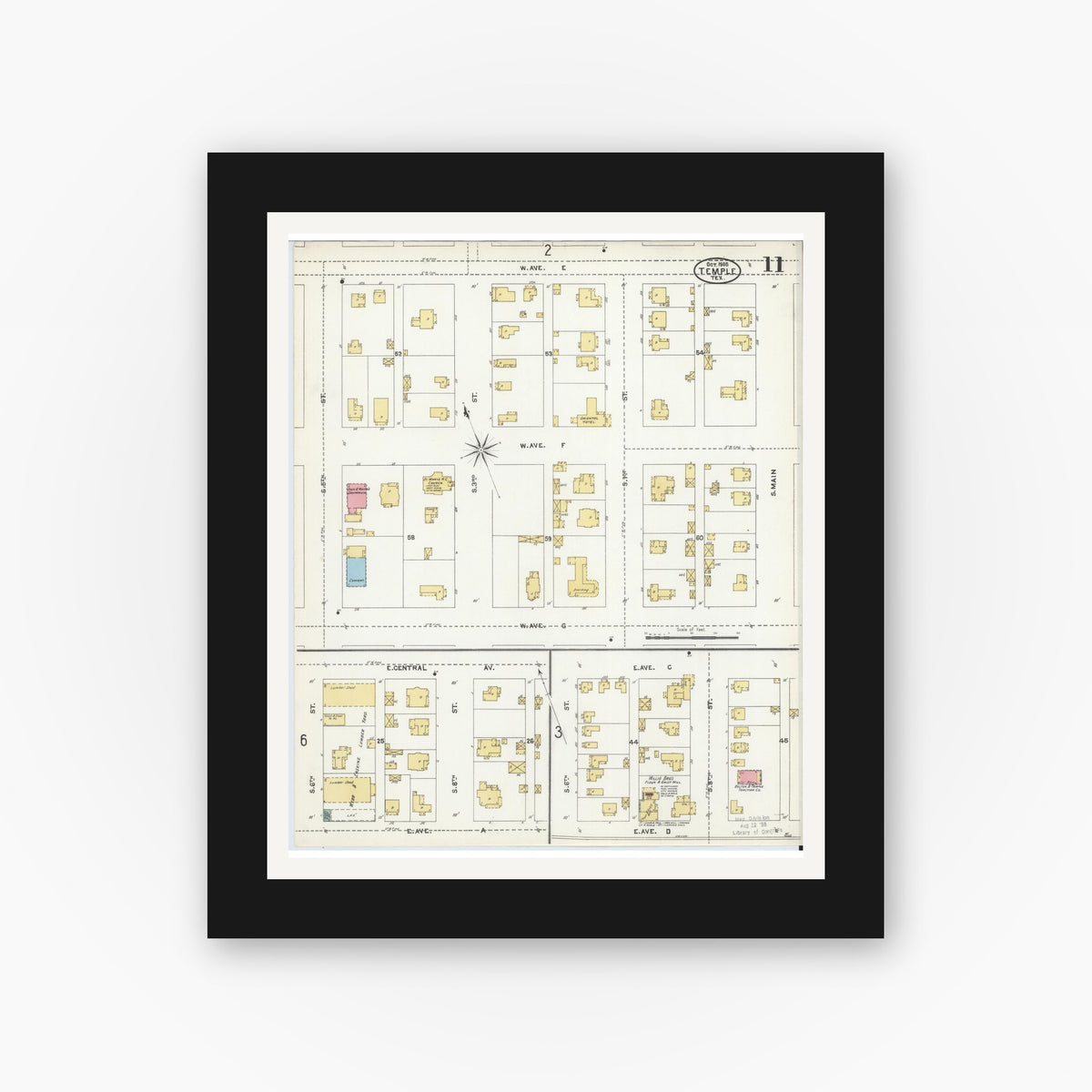 Old map wall art mockup — black gallery frame with white mat — Sanborn Fire Insurance Map from Temple, Bell County, Texas (1905), Sheet #0011