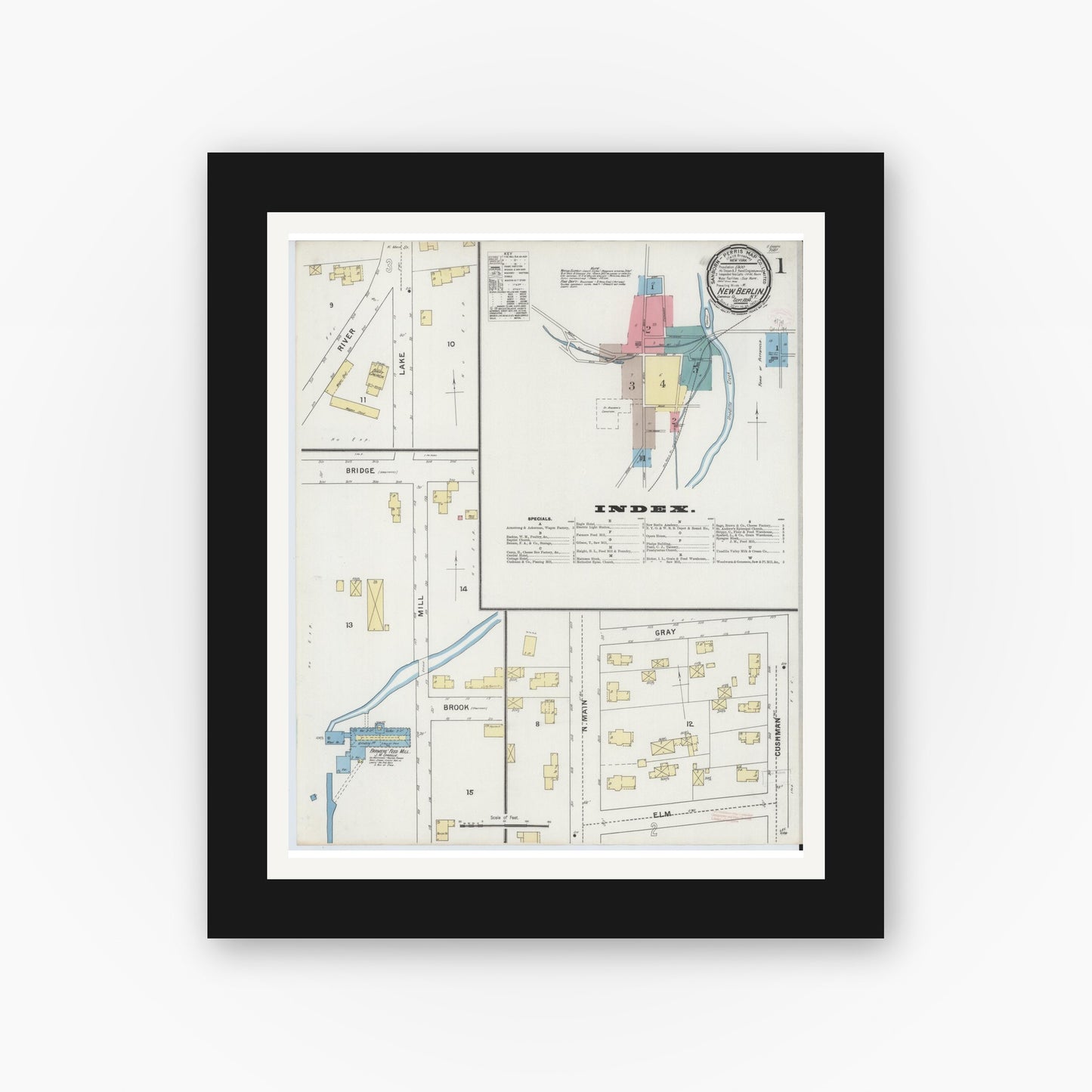 Old map wall art mockup — black gallery frame with white mat — Sanborn Fire Insurance Map from New Berlin, Chenango County, New York (1894) - Complete Map Set